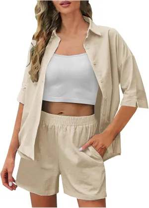 Womens Sets 2 Piece Outfits Comfy Casual Lapel Neck Short Sleeve Button Down Shirt and Shorts Loungewear Sets