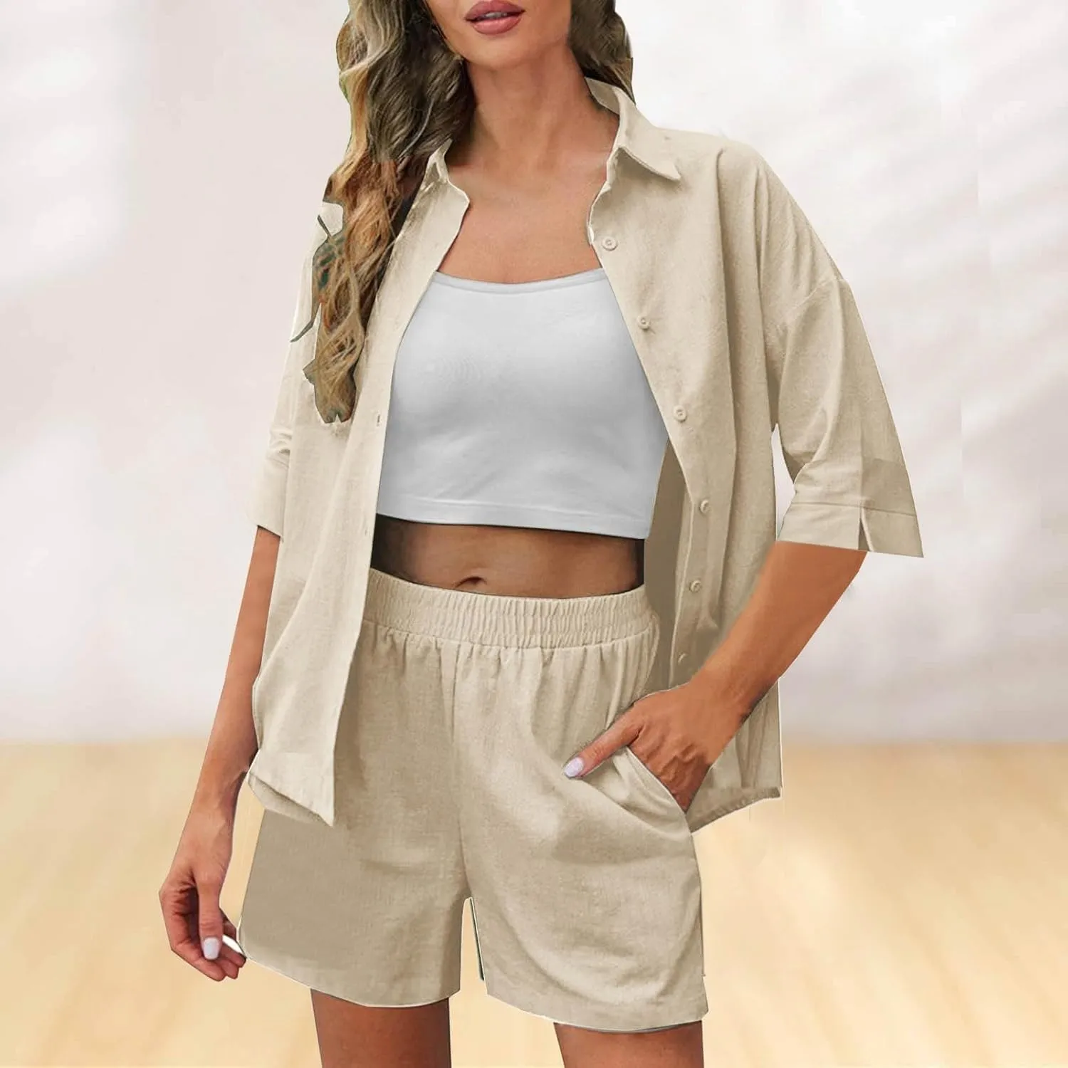 Womens Sets 2 Piece Outfits Comfy Casual Lapel Neck Short Sleeve Button Down Shirt and Shorts Loungewear Sets