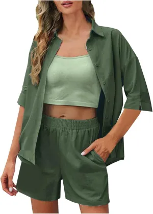 Womens Sets 2 Piece Outfits Comfy Casual Lapel Neck Short Sleeve Button Down Shirt and Shorts Loungewear Sets