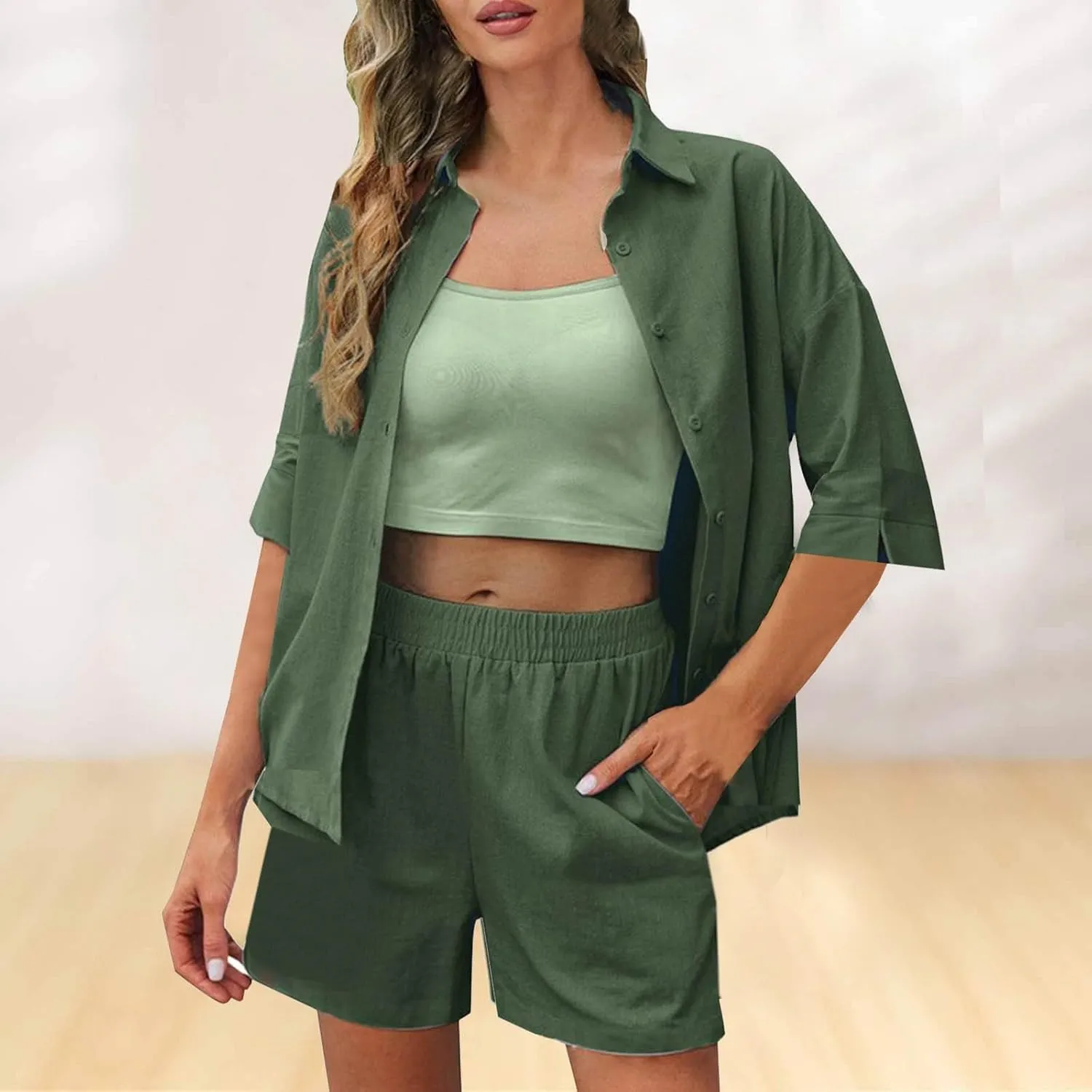 Womens Sets 2 Piece Outfits Comfy Casual Lapel Neck Short Sleeve Button Down Shirt and Shorts Loungewear Sets