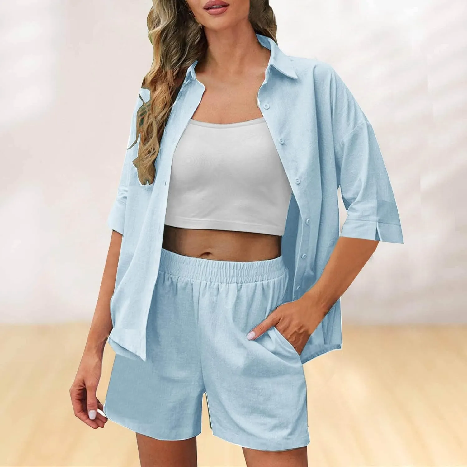 Womens Sets 2 Piece Outfits Comfy Casual Lapel Neck Short Sleeve Button Down Shirt and Shorts Loungewear Sets
