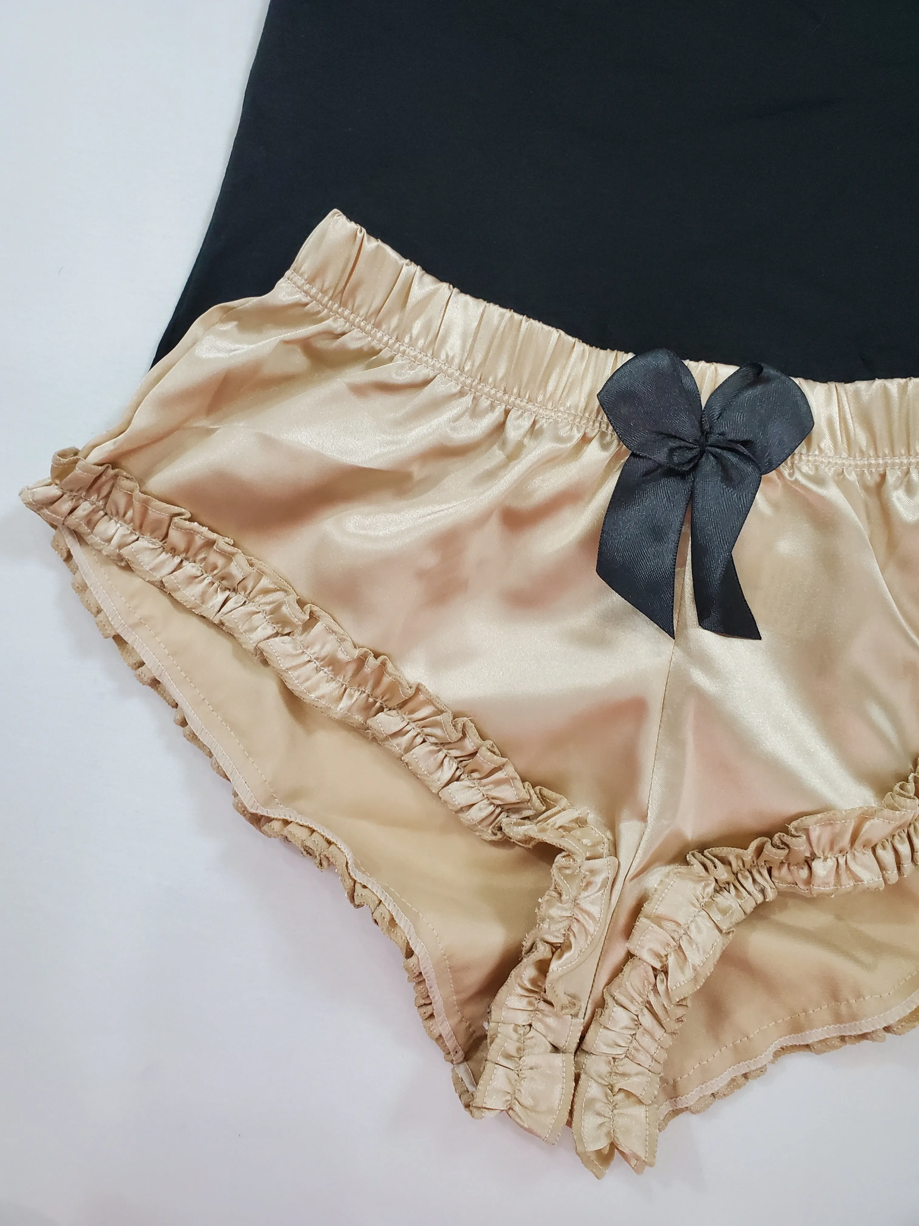 Women's Sexy pajama beige satin shorts black blouse