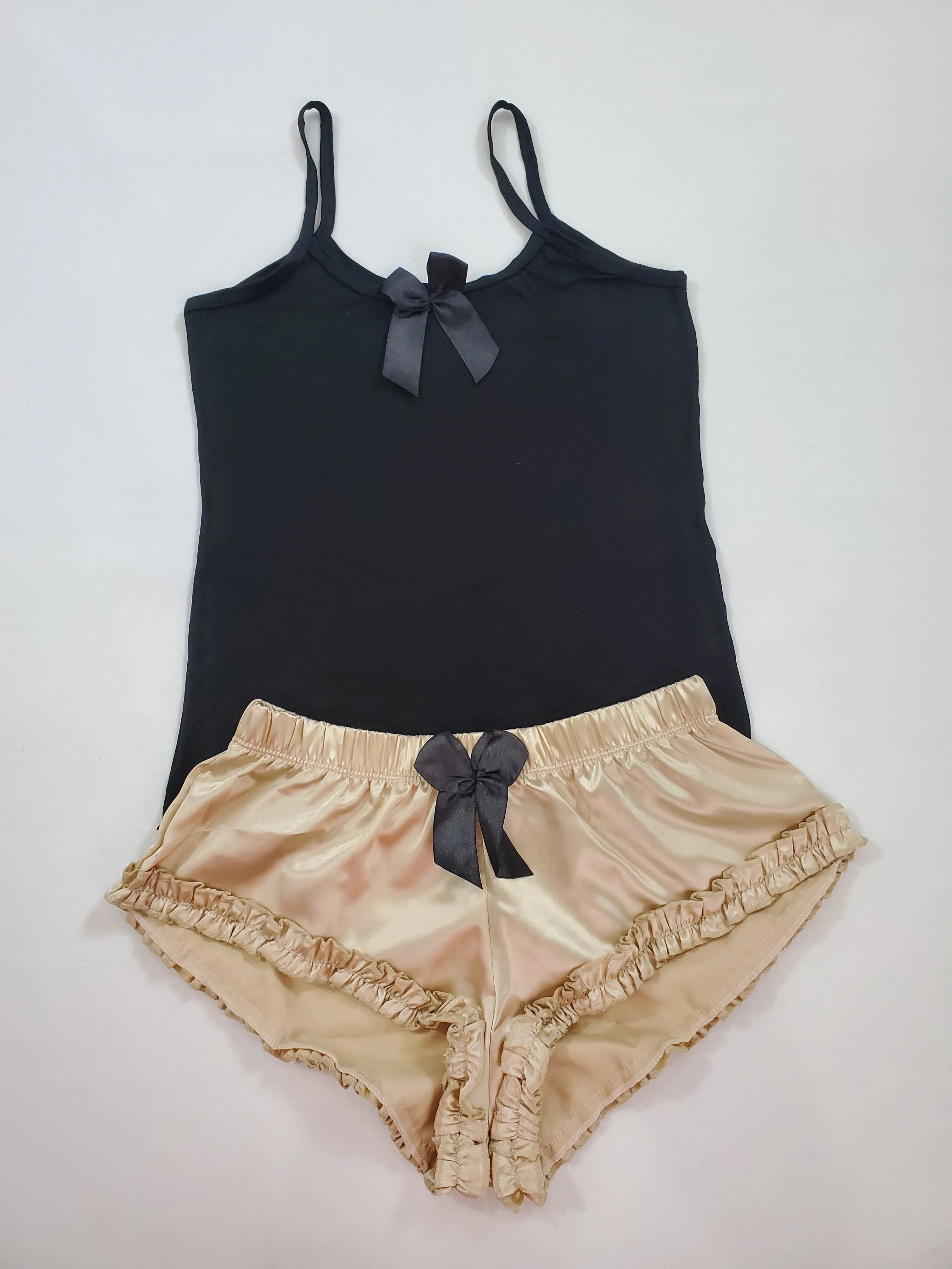 Women's Sexy pajama beige satin shorts black blouse