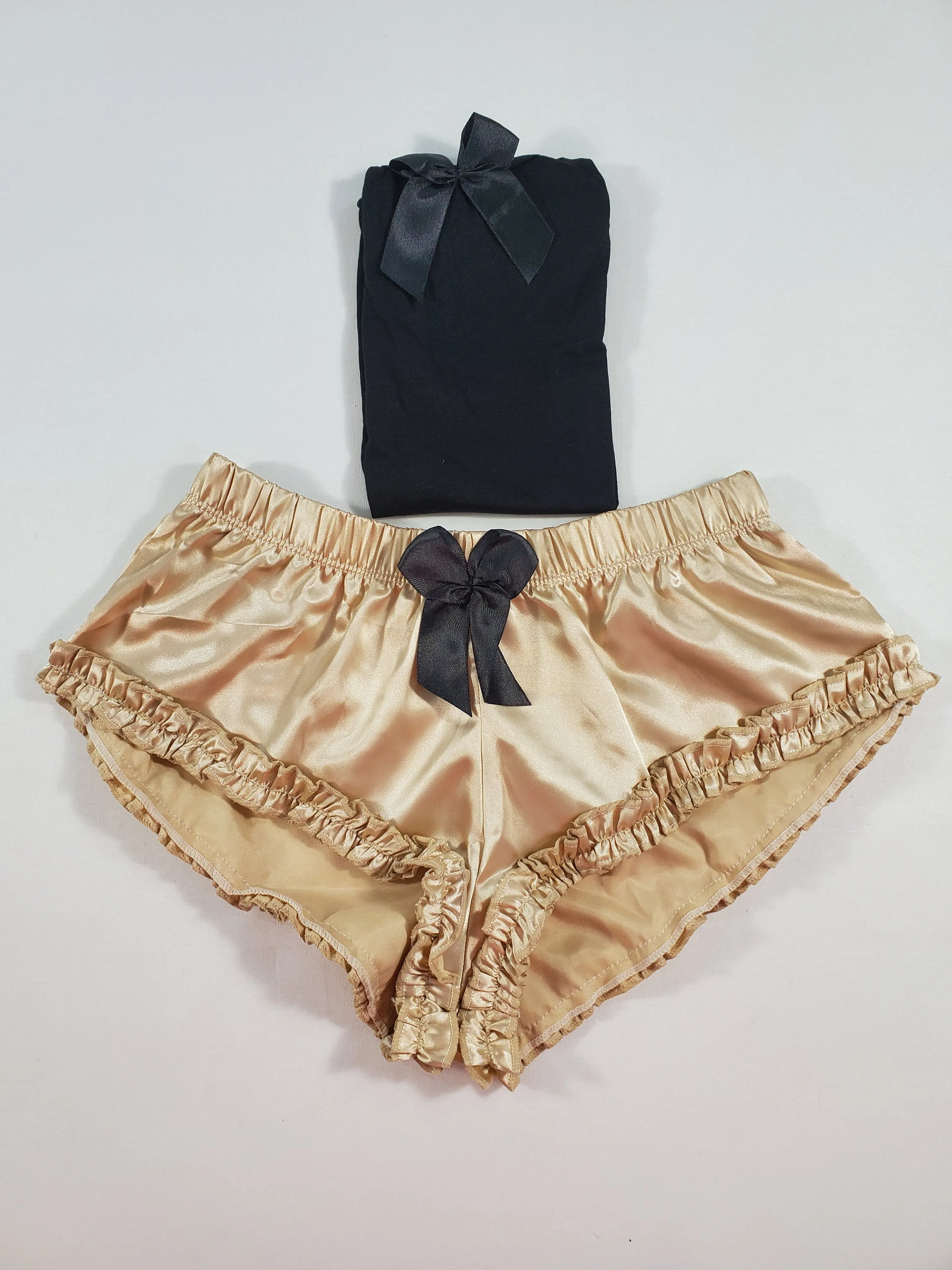 Women's Sexy pajama beige satin shorts black blouse