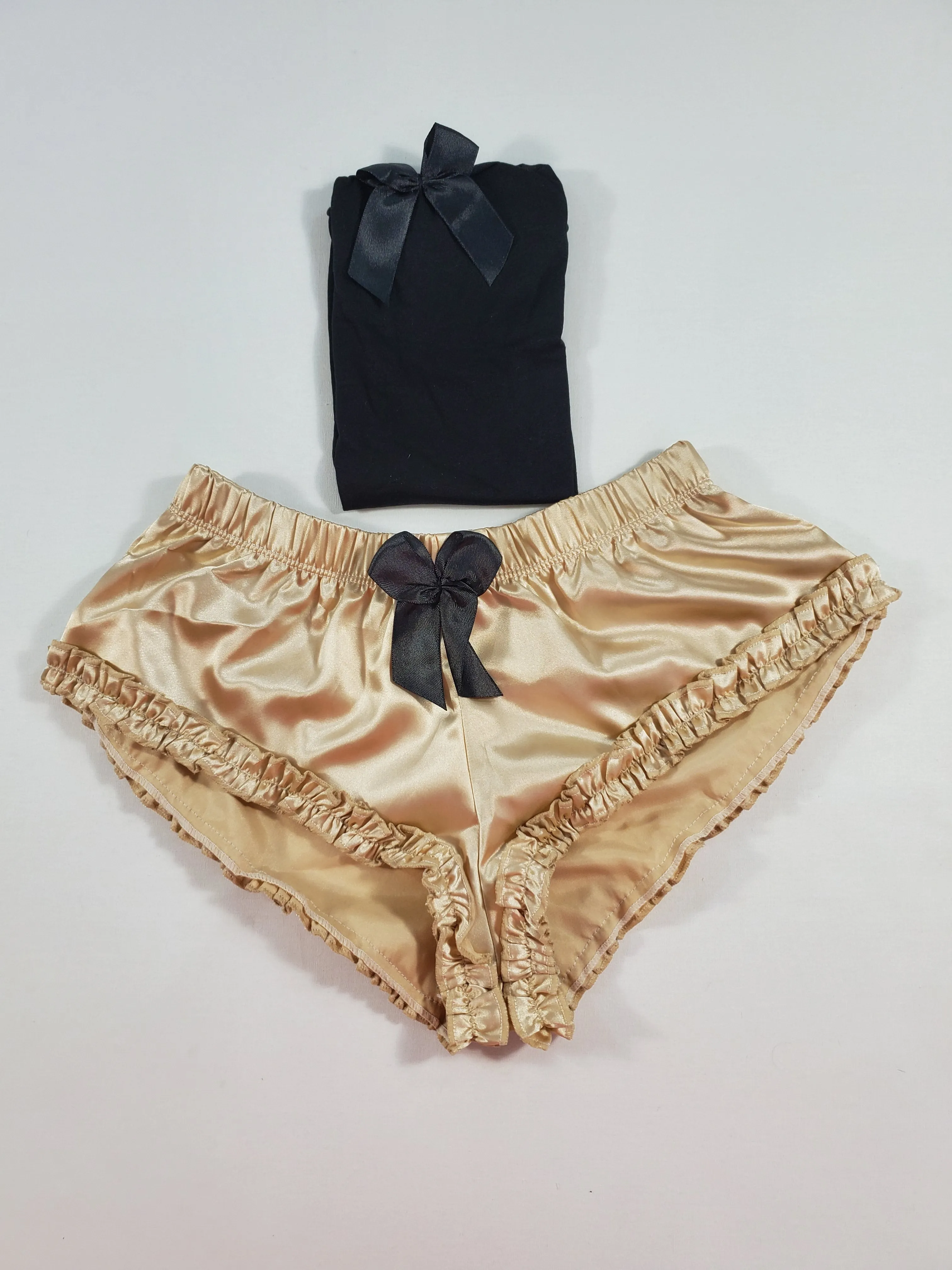 Women's Sexy pajama beige satin shorts black blouse