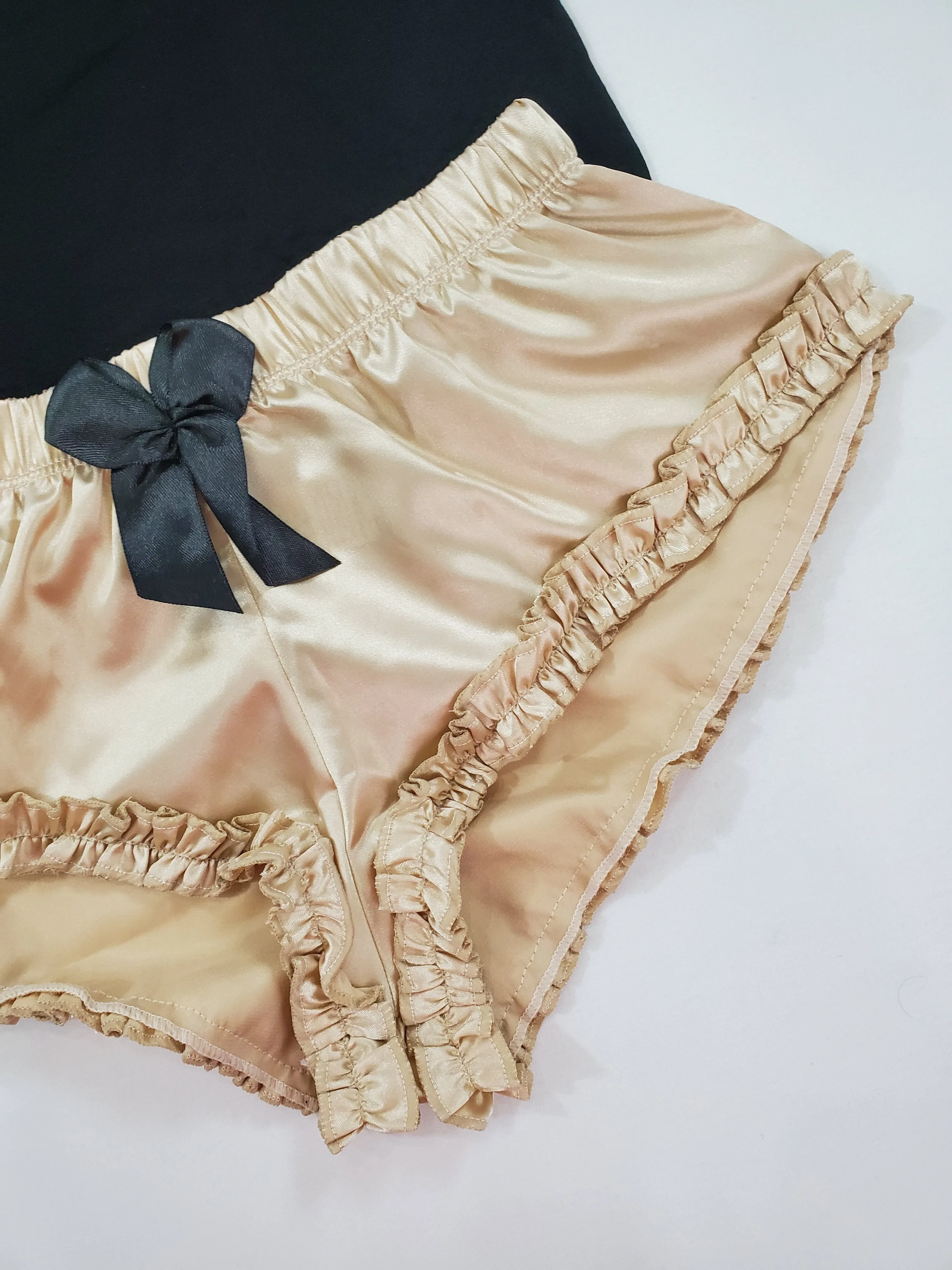 Women's Sexy pajama beige satin shorts black blouse