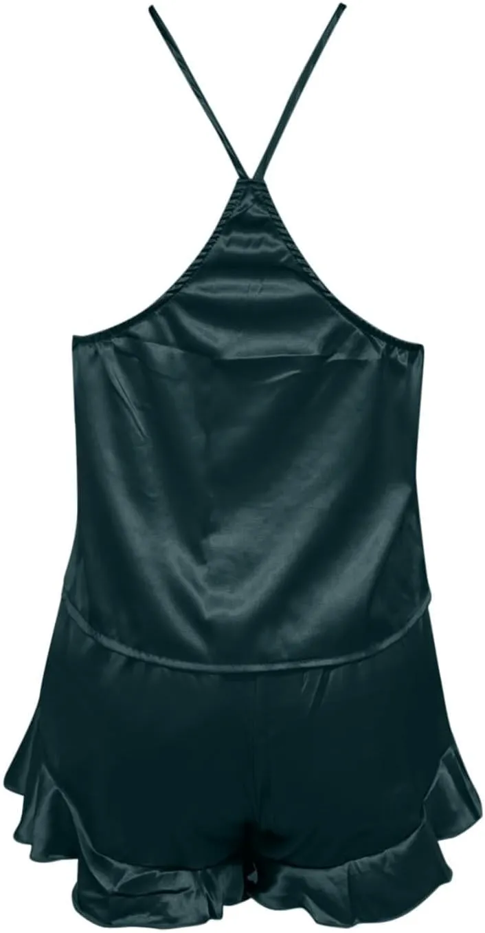 Women's Sexy Silk Satin Ruffled Pajamas Sets Tank Top And Shorts Suit Sleepwear Satin Solid Comfortable 2 Set for Ladies