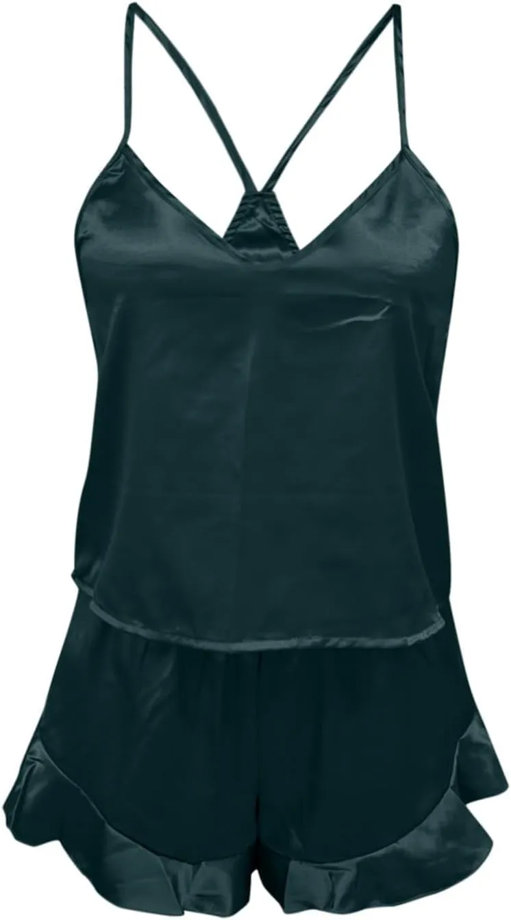 Women's Sexy Silk Satin Ruffled Pajamas Sets Tank Top And Shorts Suit Sleepwear Satin Solid Comfortable 2 Set for Ladies