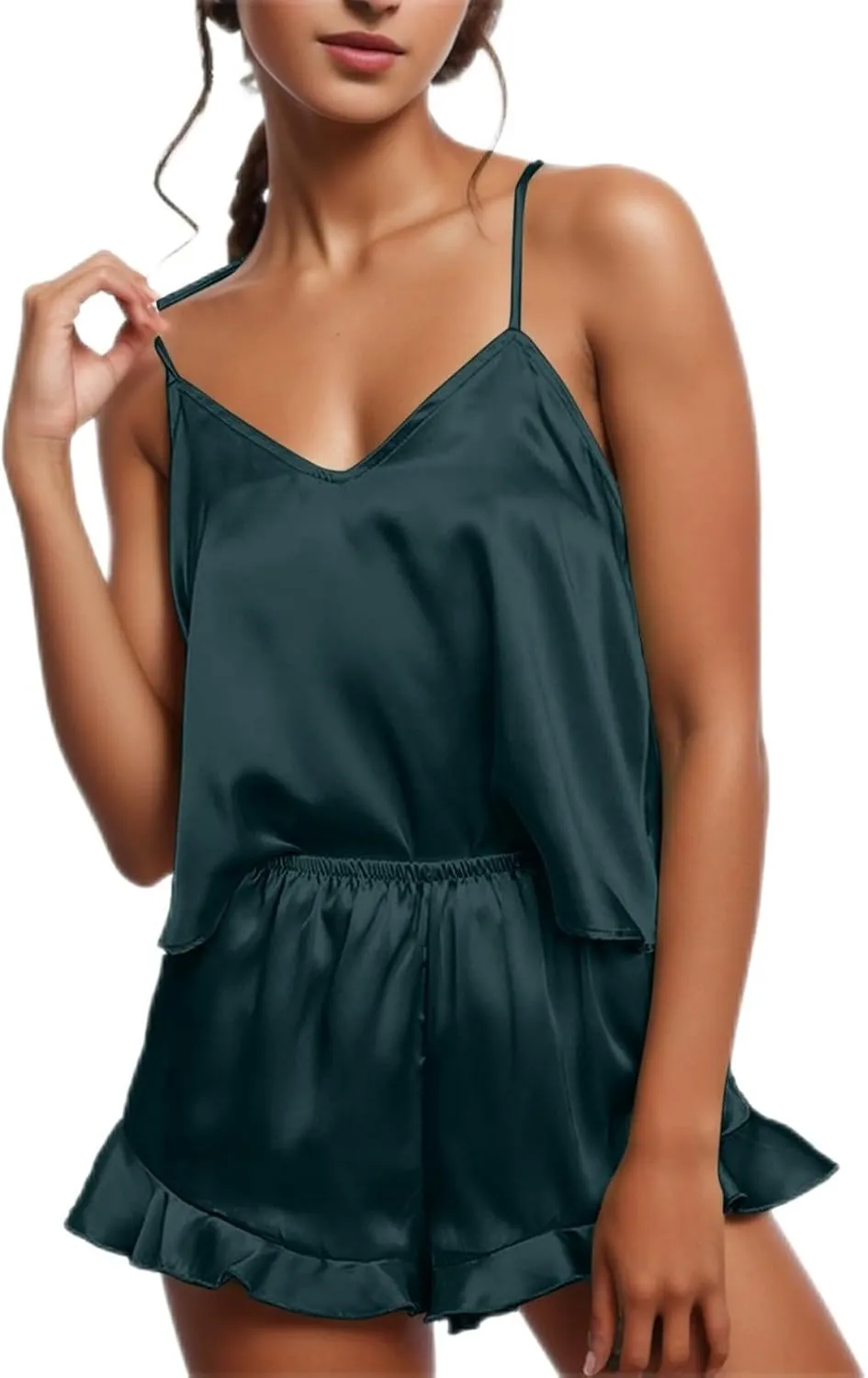 Women's Sexy Silk Satin Ruffled Pajamas Sets Tank Top And Shorts Suit Sleepwear Satin Solid Comfortable 2 Set for Ladies