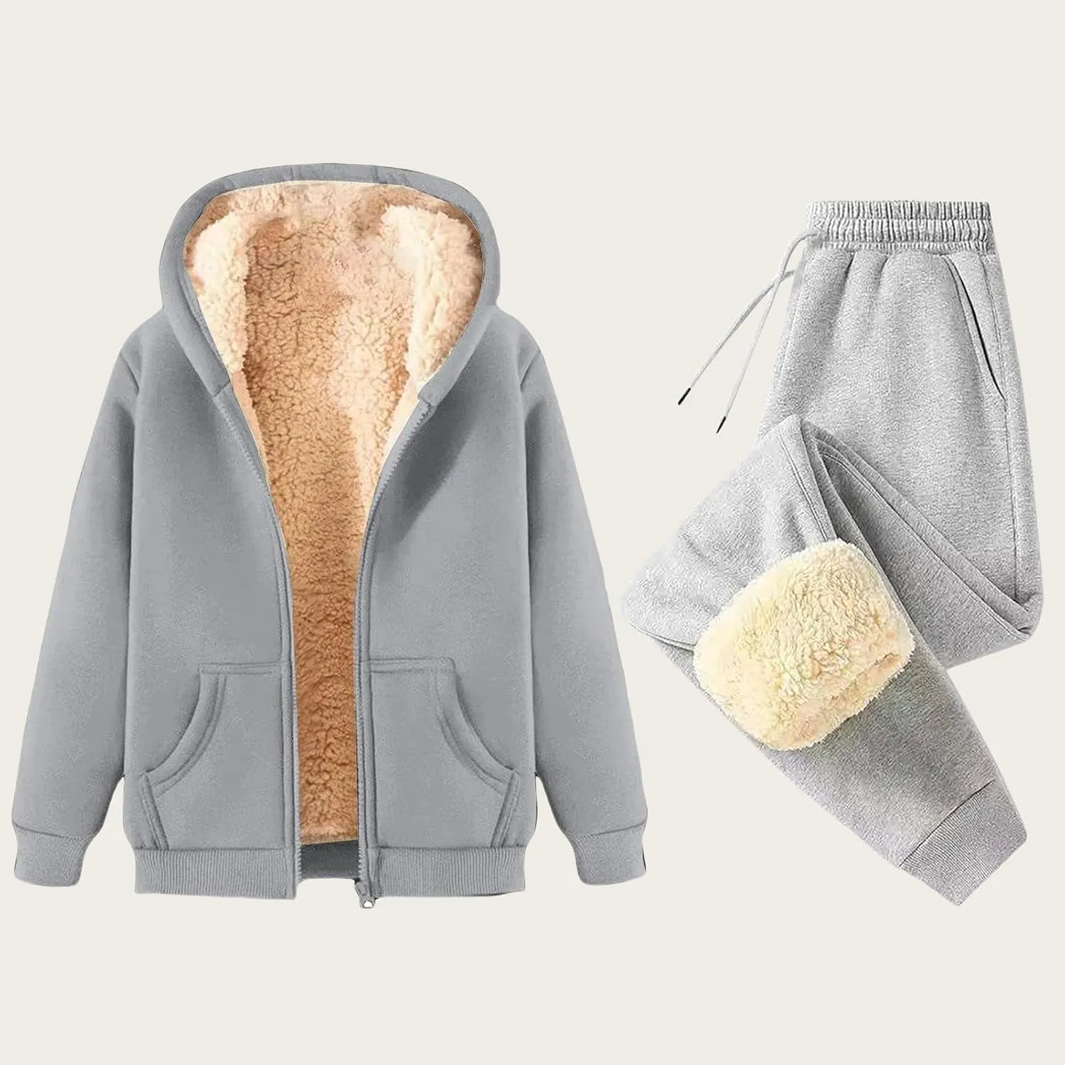 Womens Sherpa Sweatsuits Sets Fuzzy Fleece Lined Zip Up Hooded Jacket Jogging Pants Winter Outfit Sets