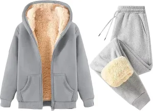 Womens Sherpa Sweatsuits Sets Fuzzy Fleece Lined Zip Up Hooded Jacket Jogging Pants Winter Outfit Sets