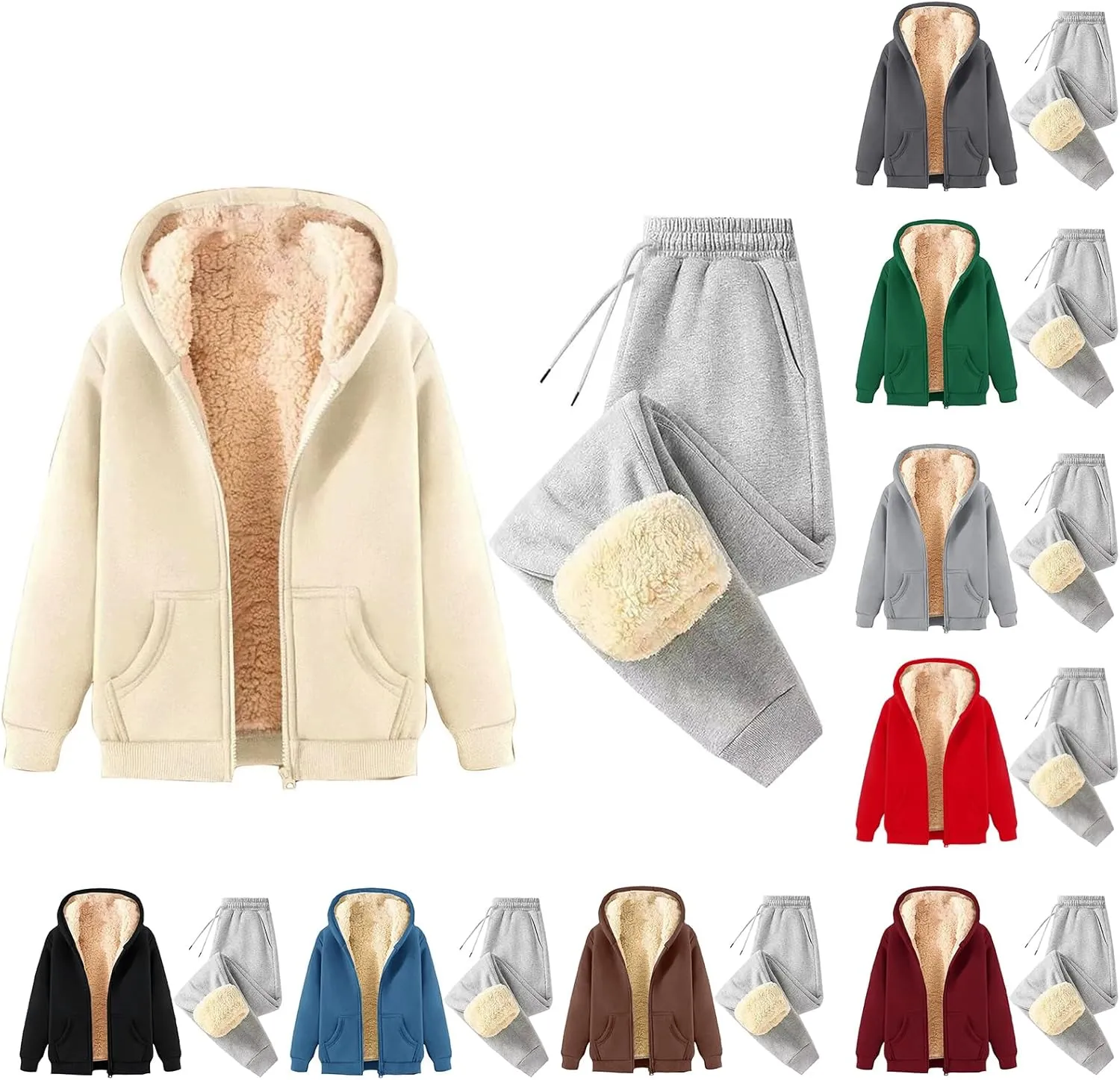 Womens Sherpa Sweatsuits Sets Fuzzy Fleece Lined Zip Up Hooded Jacket Jogging Pants Winter Outfit Sets