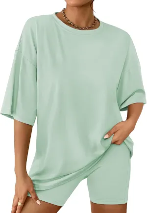 Womens Short Sets Summer Round Neck Short Sleeve Short Leggings 2 Piece Outfits Casual Comfy Loungewear Tracksuits