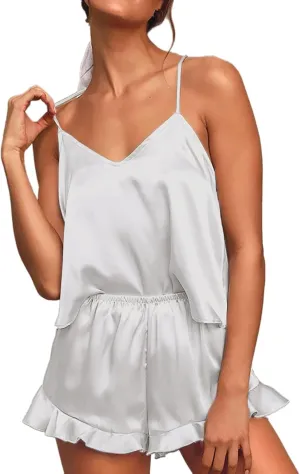 Womens Silk Camisole Pajamas Sets,2pcs Sexy Satin Pjs Lingerie Shorts Set Soft Lounge Sleepwear Silky Comfy Nightwear