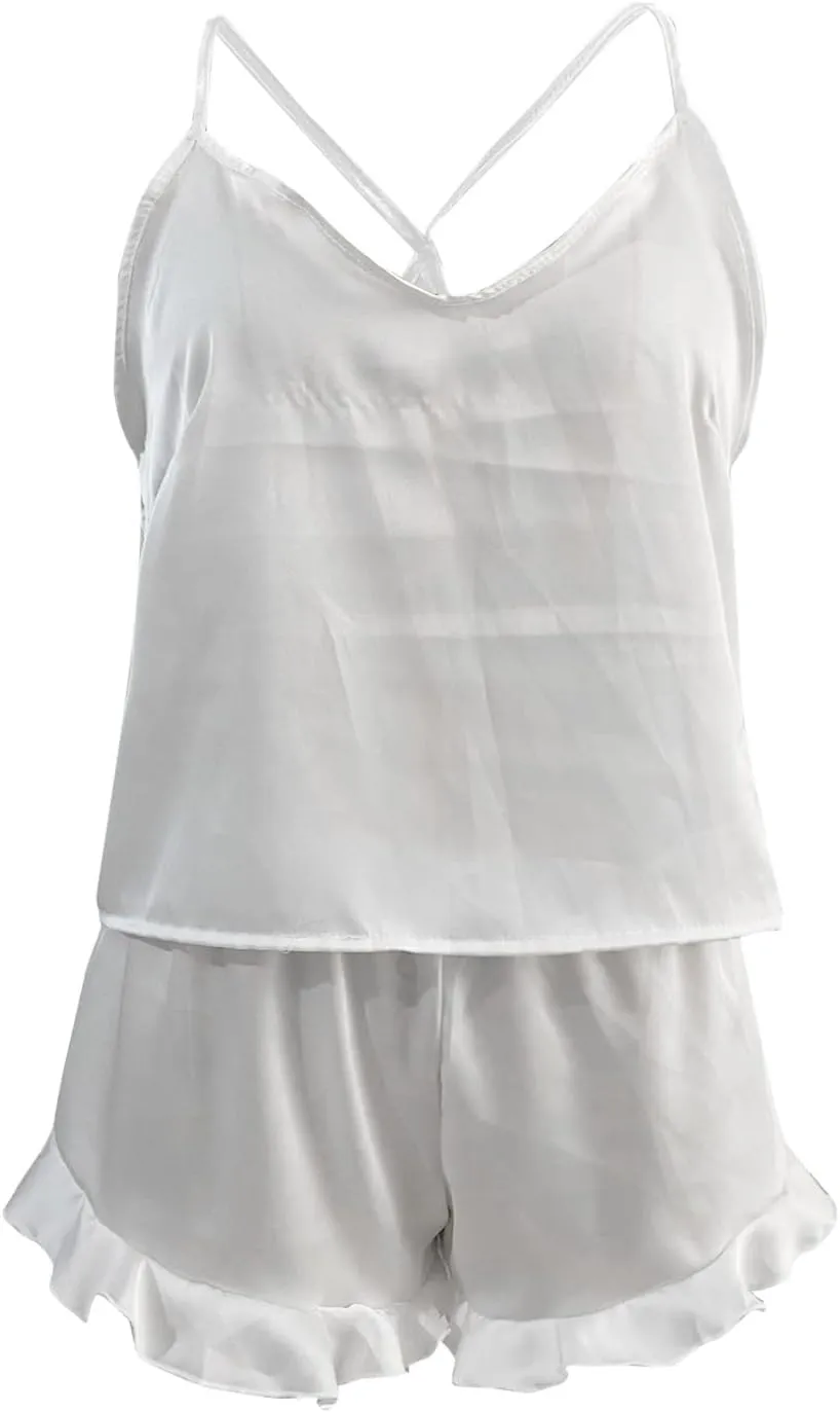 Womens Silk Camisole Pajamas Sets,2pcs Sexy Satin Pjs Lingerie Shorts Set Soft Lounge Sleepwear Silky Comfy Nightwear