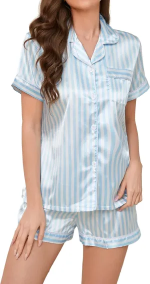 Women's Silk Pajamas - Button Up Satin PJs with Notch Collar - 2 Piece Satin Pajamas Set
