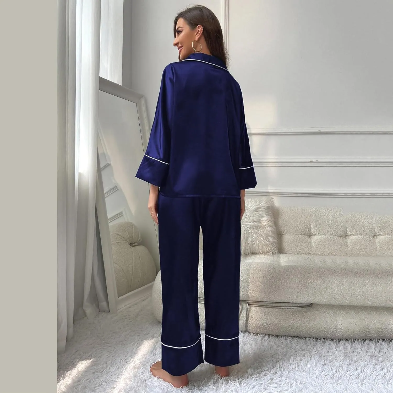 Womens Silk Satin Pajama Sets Oversize Long Sleeve Sleepwear Soft Button Down Pj Set Loungewear Nightwear with Pocket