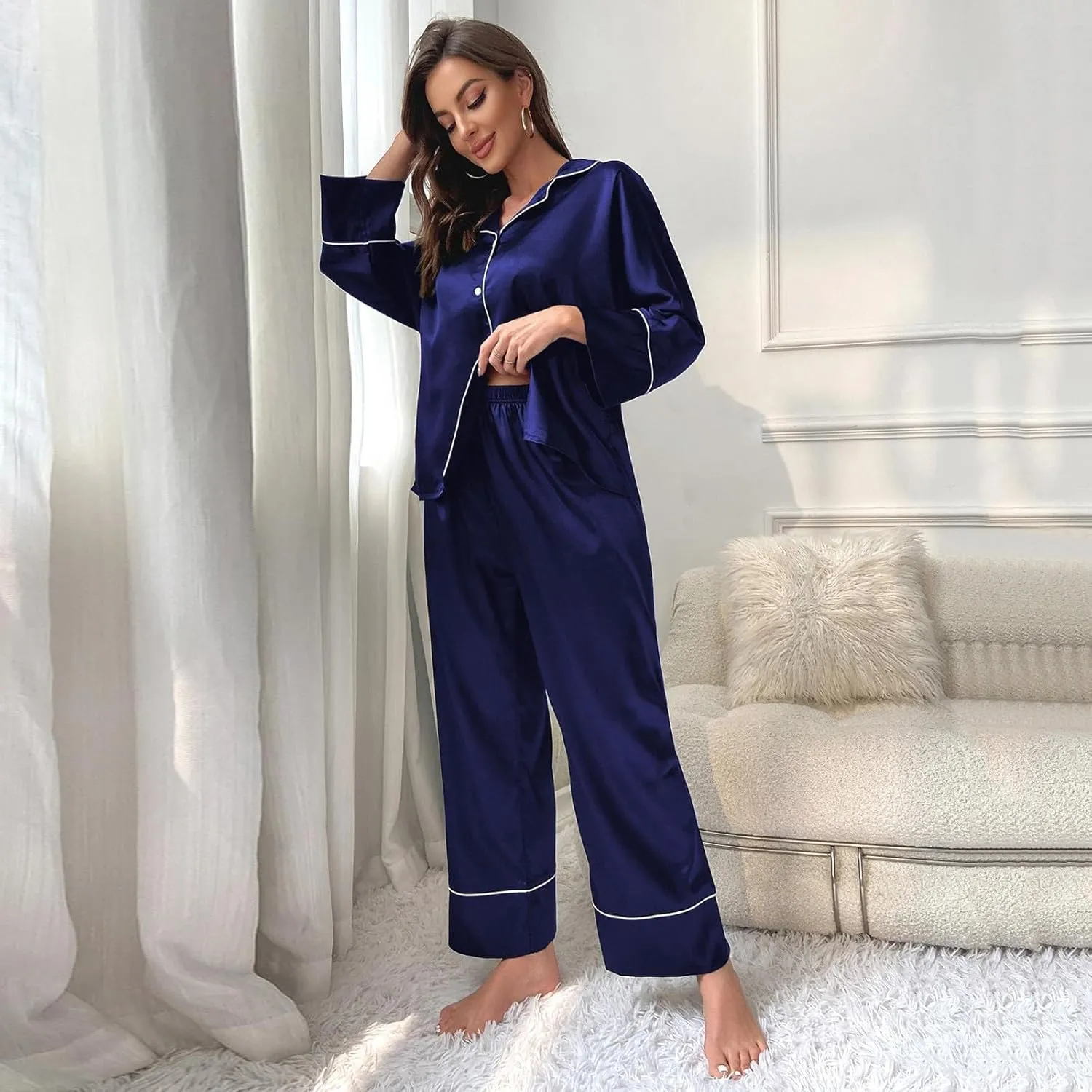 Womens Silk Satin Pajama Sets Oversize Long Sleeve Sleepwear Soft Button Down Pj Set Loungewear Nightwear with Pocket