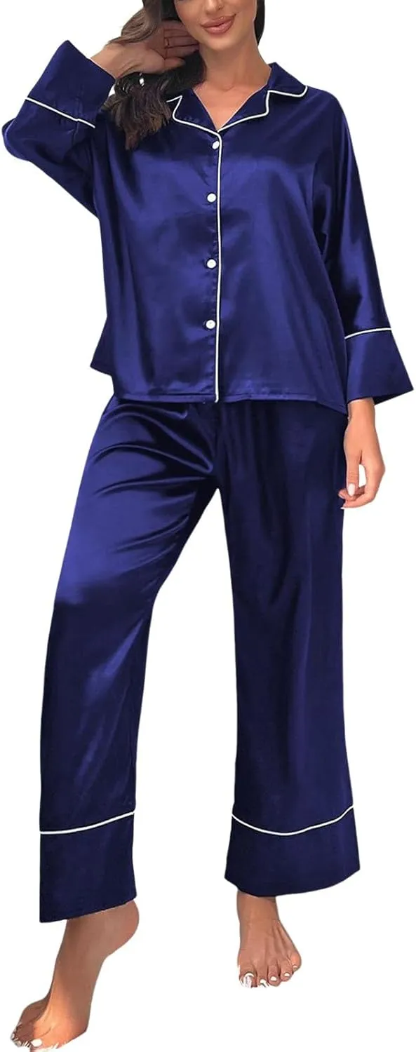 Womens Silk Satin Pajama Sets Oversize Long Sleeve Sleepwear Soft Button Down Pj Set Loungewear Nightwear with Pocket