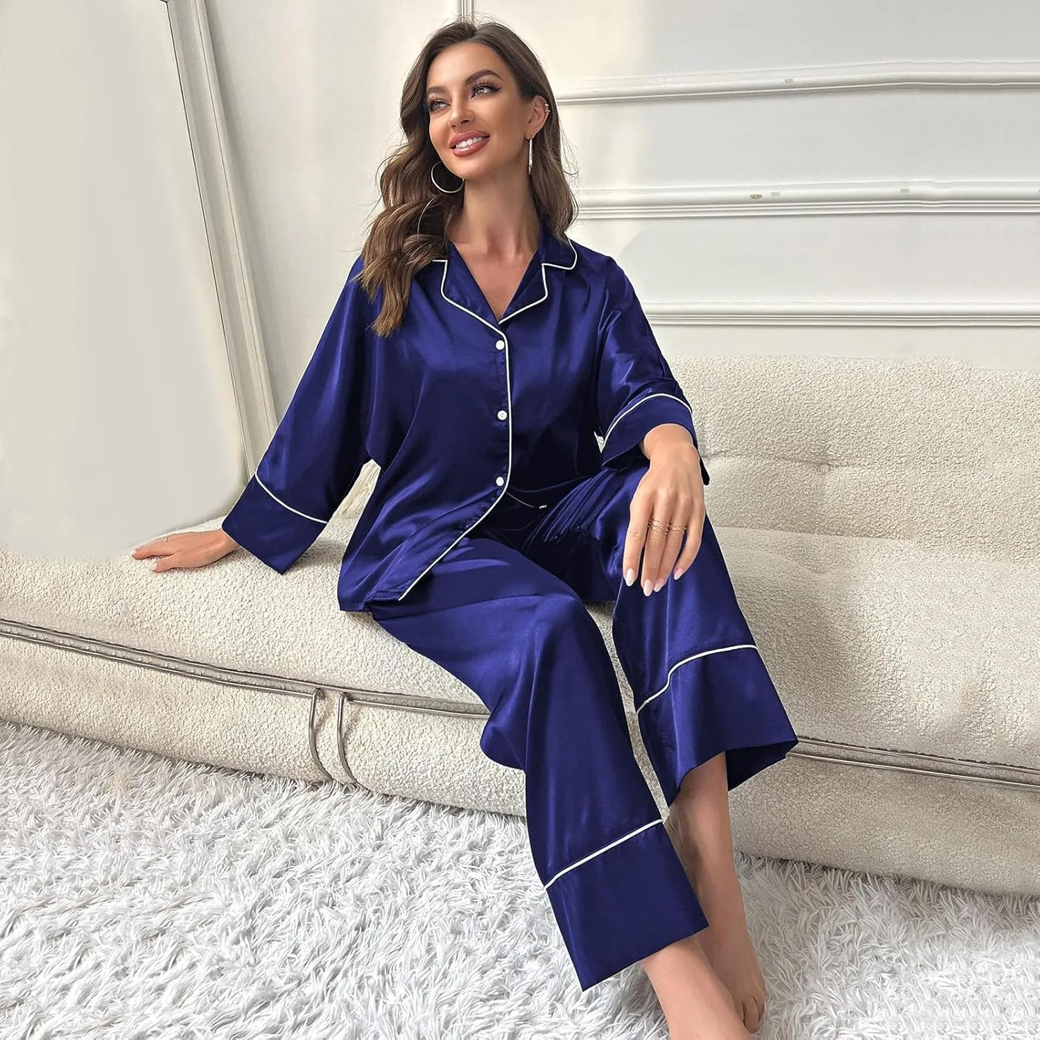 Womens Silk Satin Pajama Sets Oversize Long Sleeve Sleepwear Soft Button Down Pj Set Loungewear Nightwear with Pocket