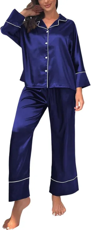 Womens Silk Satin Pajama Sets Oversize Long Sleeve Sleepwear Soft Button Down Pj Set Loungewear Nightwear with Pocket