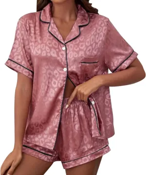Womens Silk Satin Pajamas Set Leopard Printed Two-piece Pj Sets Cheetah Sleepwear Loungewear Button-Down Pj Sets