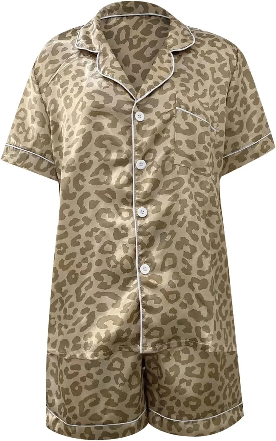 Womens Silk Satin Pajamas Set Leopard Printed Two-piece Pj Sets Cheetah Sleepwear Loungewear Button-Down Pj Sets