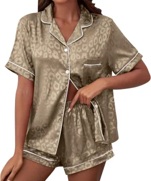 Womens Silk Satin Pajamas Set Leopard Printed Two-piece Pj Sets Cheetah Sleepwear Loungewear Button-Down Pj Sets