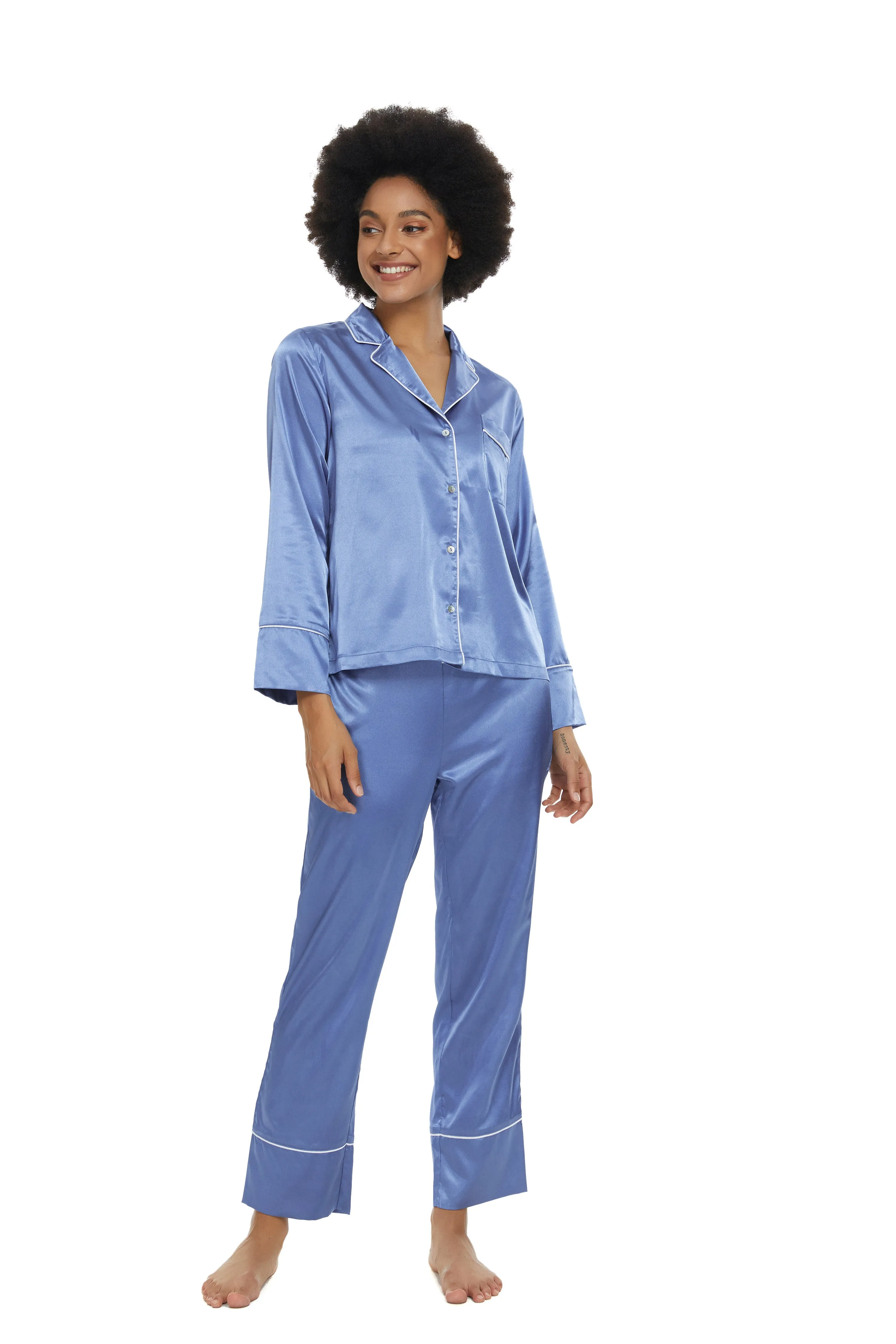 Womens Silk Satin Pajamas Set Midnight Blue
