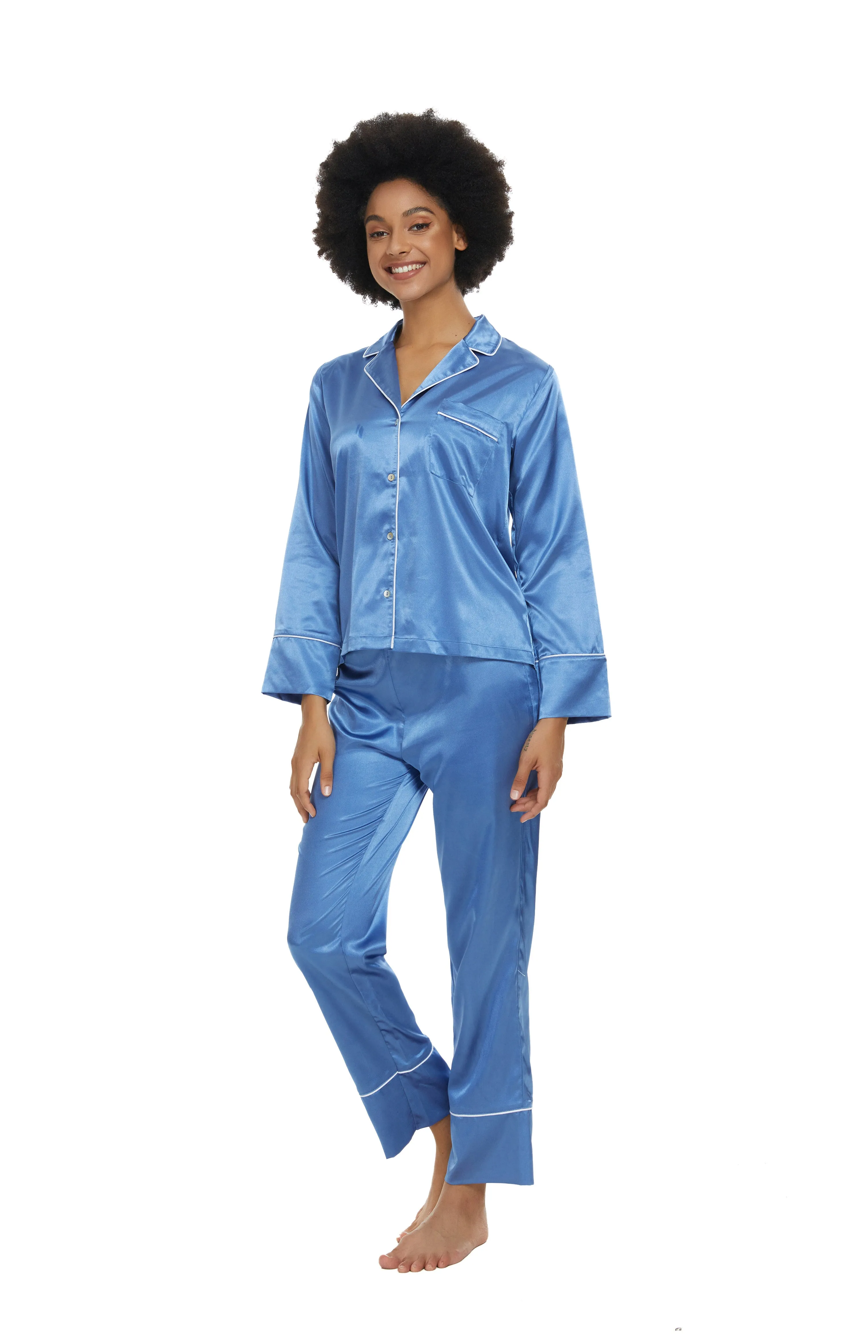 Womens Silk Satin Pajamas Set Midnight Blue