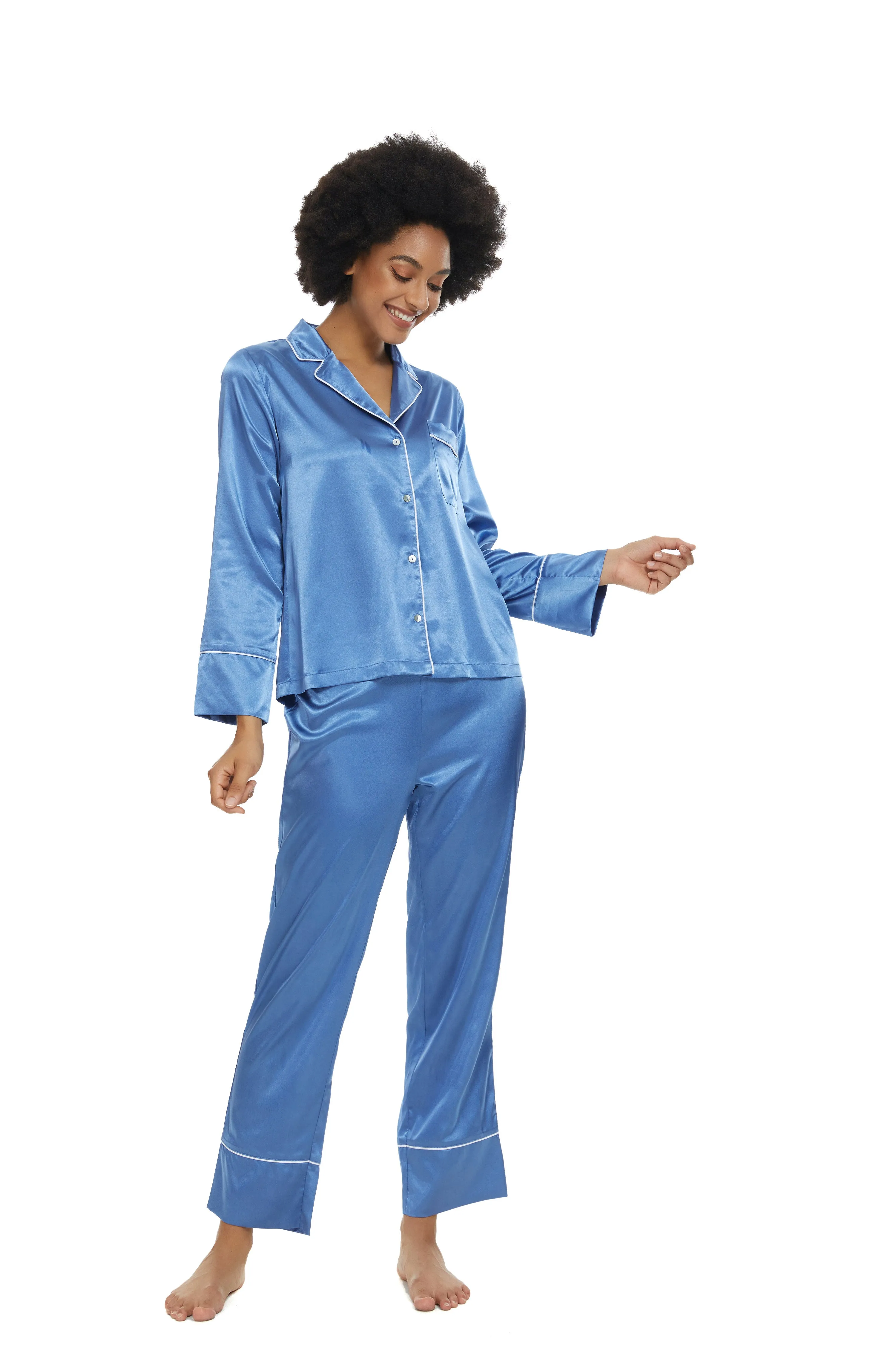 Womens Silk Satin Pajamas Set Midnight Blue