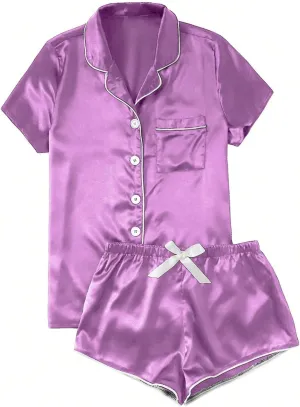 Womens Silk Satin Pajamas Short Sleeve Loungewear Two-Piece Top and Shorts Sets Soft Sleepwear Button-Down Pj Set