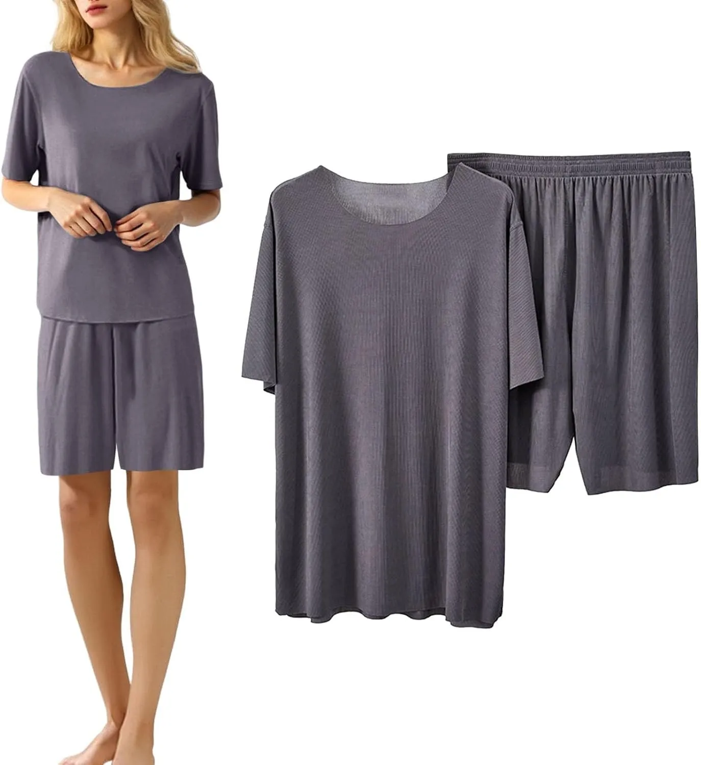 Womens Sleepwear Sets 2 Piece Ice Silk Pullover Tops & Wide Leg Shorts Pajamas Short Sleeve Summer 2025 Matching Pjs Outfits