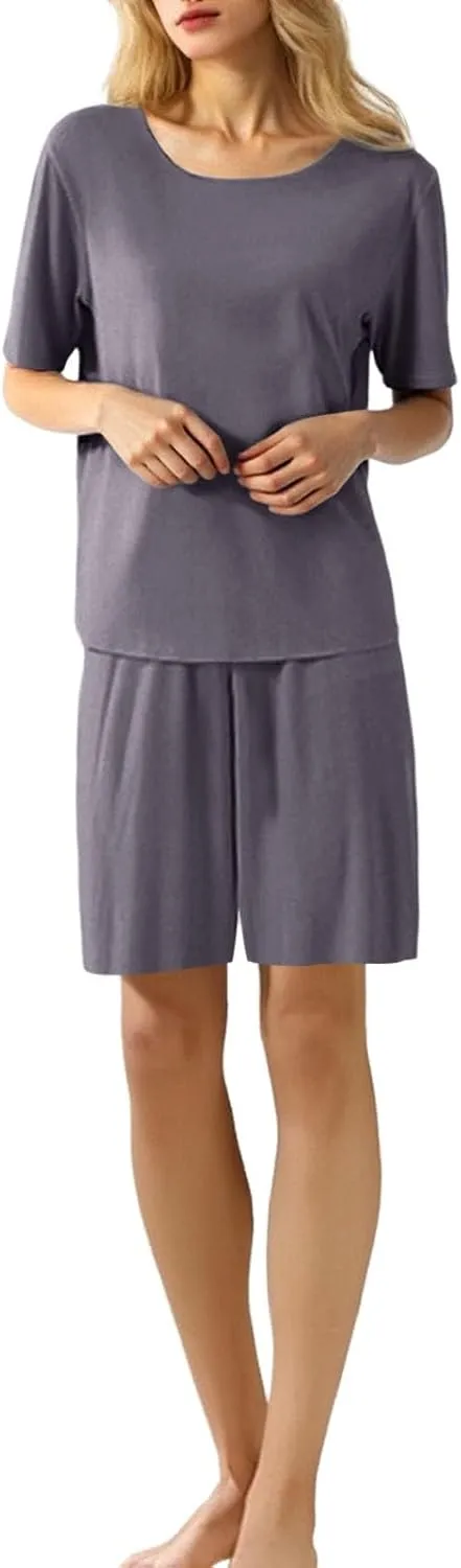 Womens Sleepwear Sets 2 Piece Ice Silk Pullover Tops & Wide Leg Shorts Pajamas Short Sleeve Summer 2025 Matching Pjs Outfits