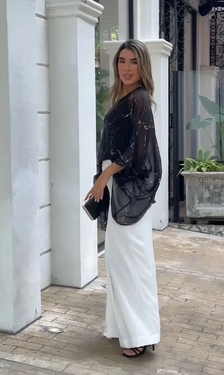Women's Soft Silk Black Textured Printed Top With Inner & White Pant Combo Set - BlackBeads