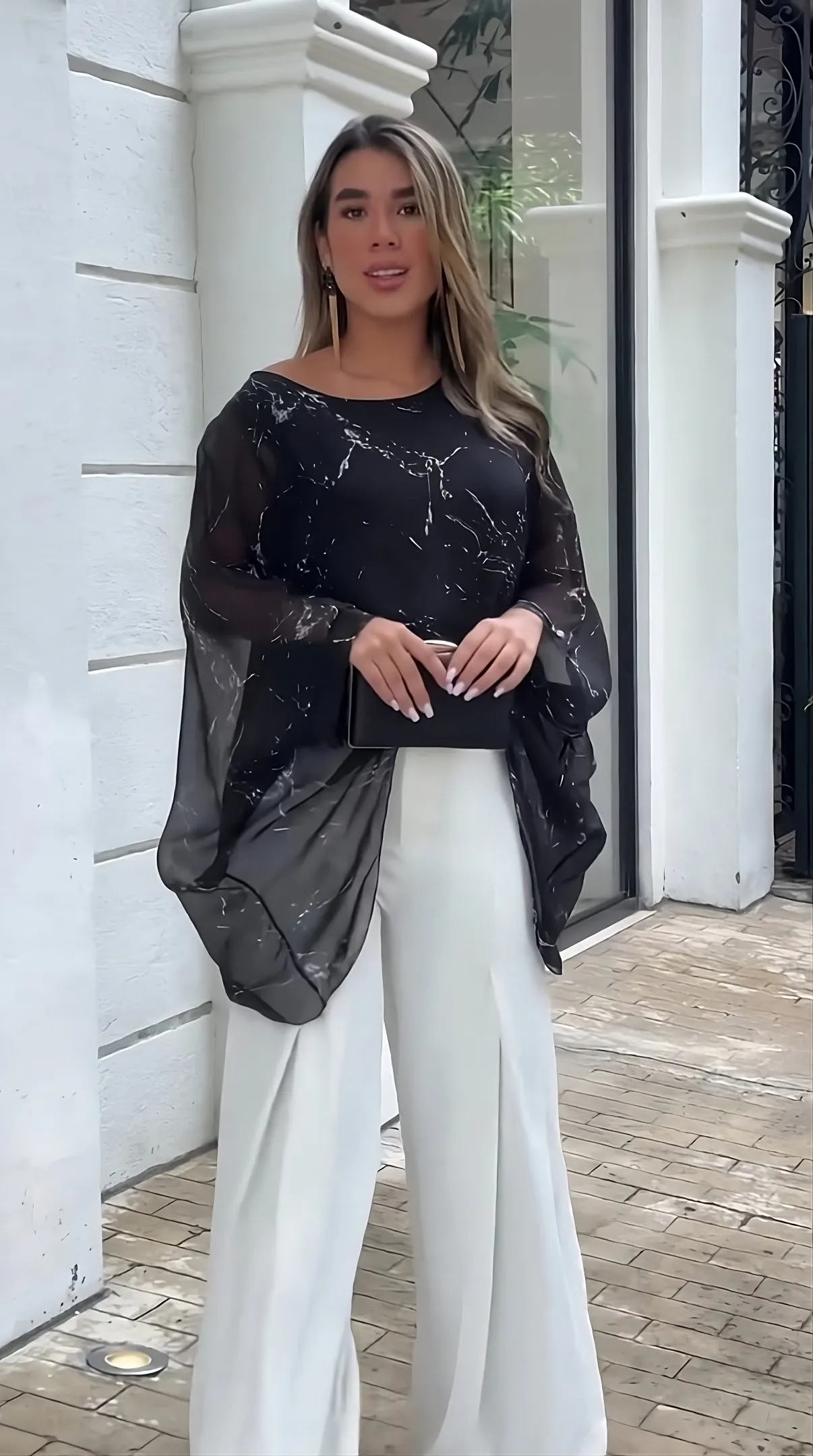 Women's Soft Silk Black Textured Printed Top With Inner & White Pant Combo Set - BlackBeads