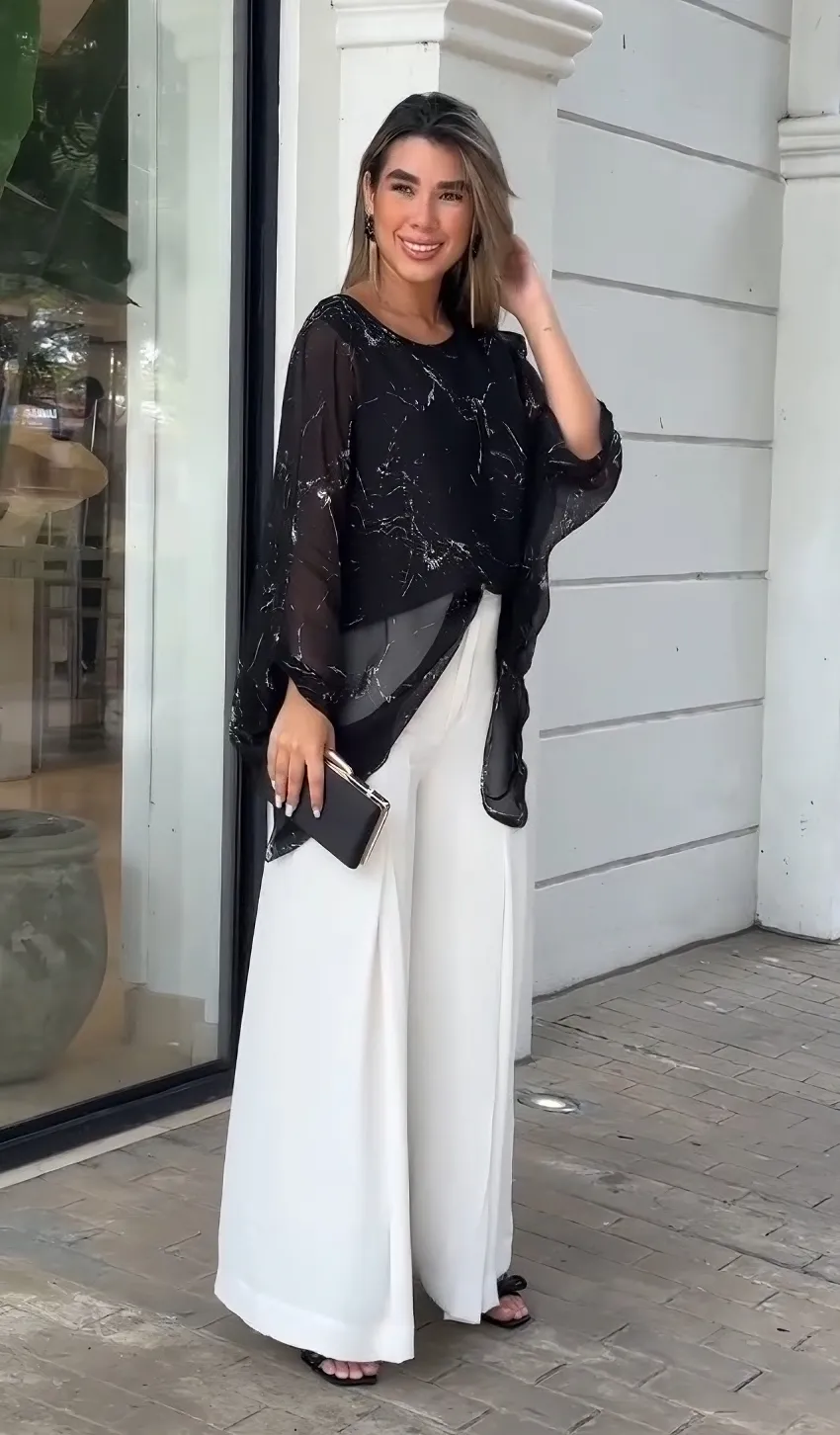 Women's Soft Silk Black Textured Printed Top With Inner & White Pant Combo Set - BlackBeads