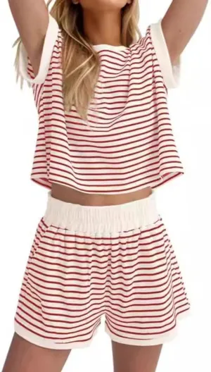 Womens Summer 2 Piece Lounge Sets Striped Short Sleeve Pj Tops and Shorts Ribbed Loungewear Sets