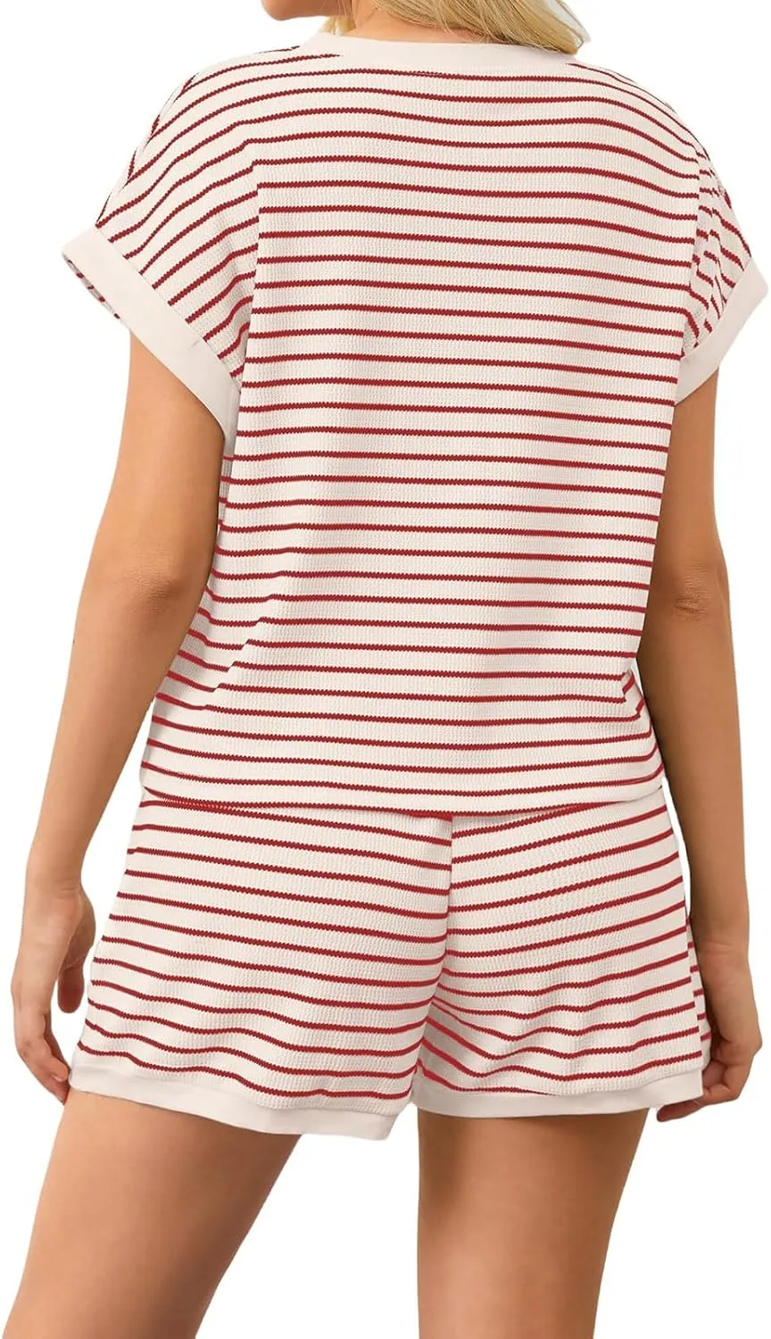 Womens Summer 2 Piece Lounge Sets Striped Short Sleeve Pj Tops and Shorts Ribbed Loungewear Sets
