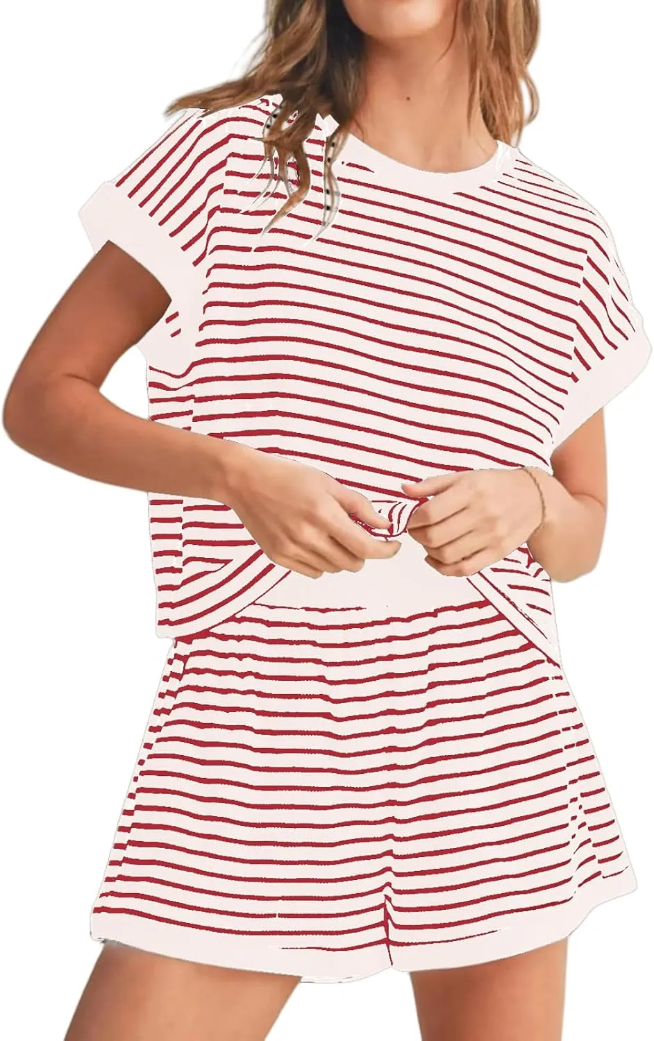 Womens Summer 2 Piece Lounge Sets Striped Short Sleeve Pj Tops and Shorts Ribbed Loungewear Sets
