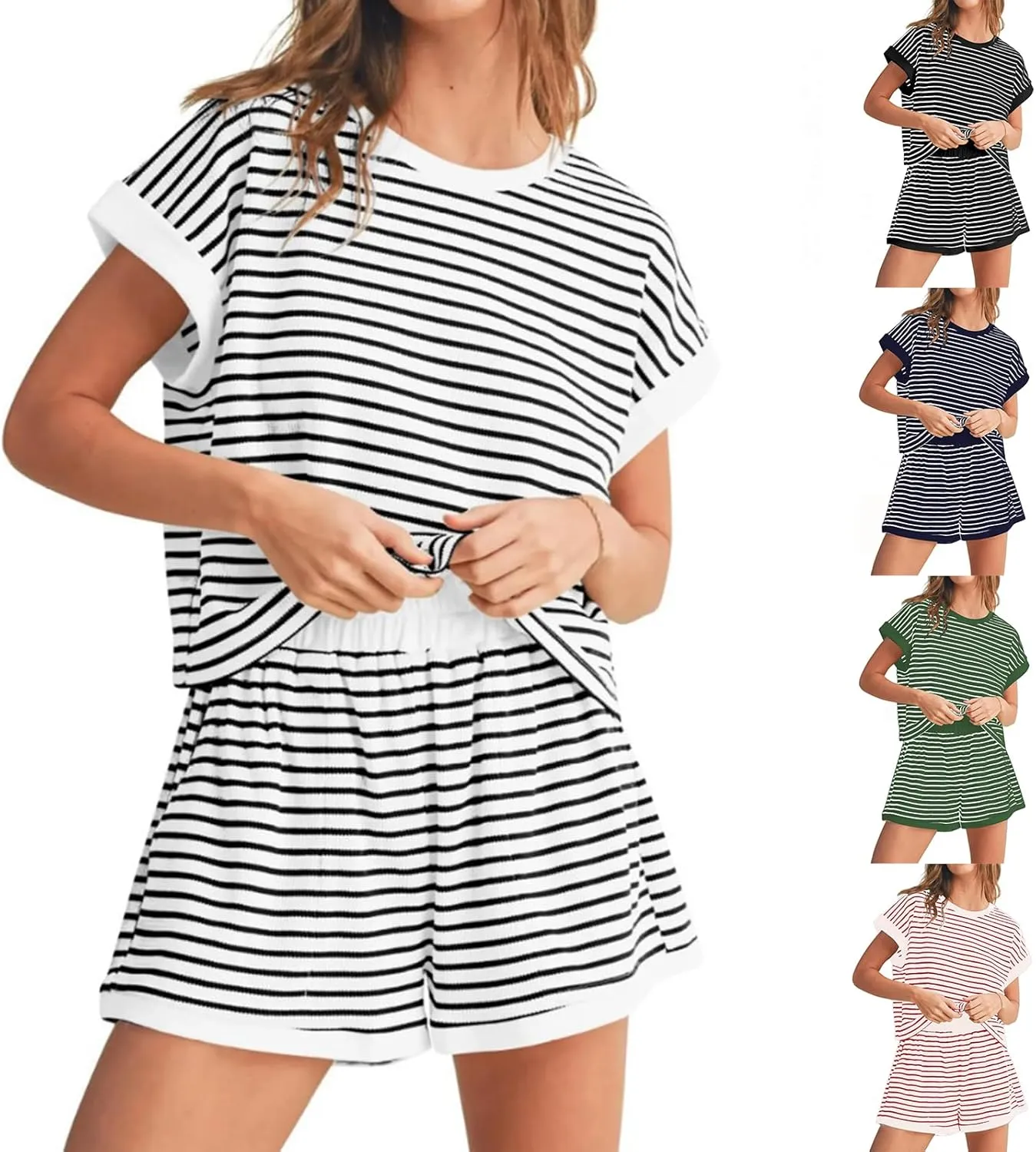 Womens Summer 2 Piece Lounge Sets Striped Short Sleeve Pj Tops and Shorts Ribbed Loungewear Sets