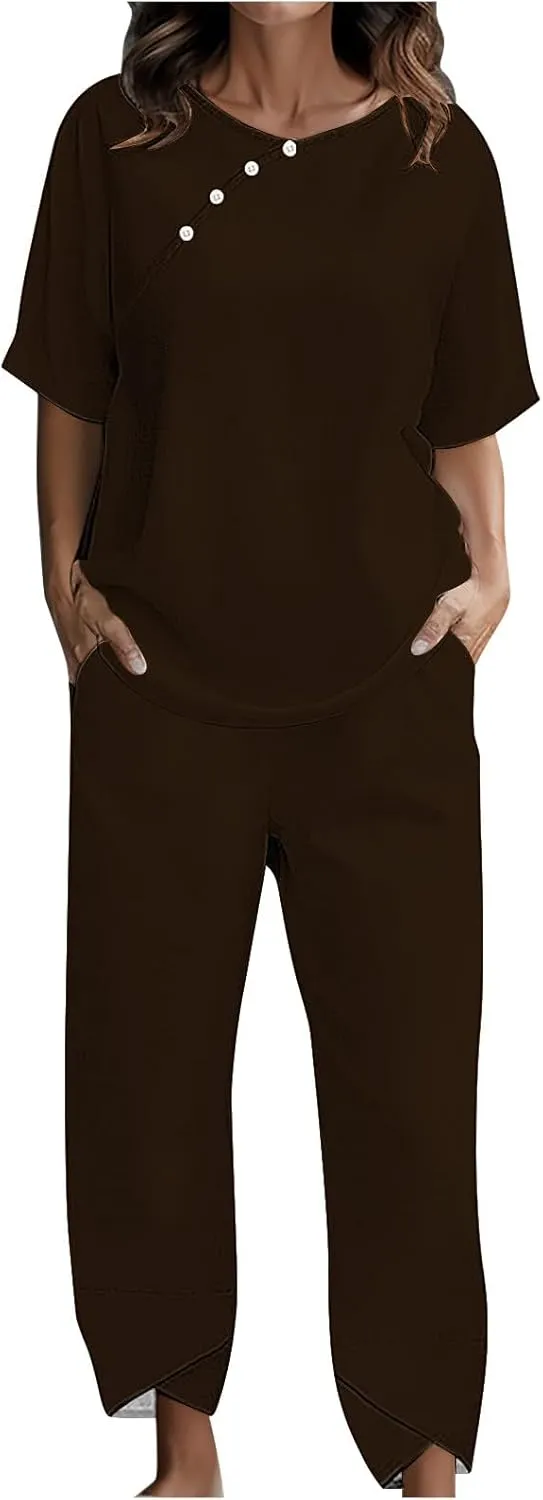 Womens Summer 2 Piece Outfits Cotton Linen Casual Half Sleeve Tops and Long Pants Loose Vacation Sets with Pockets