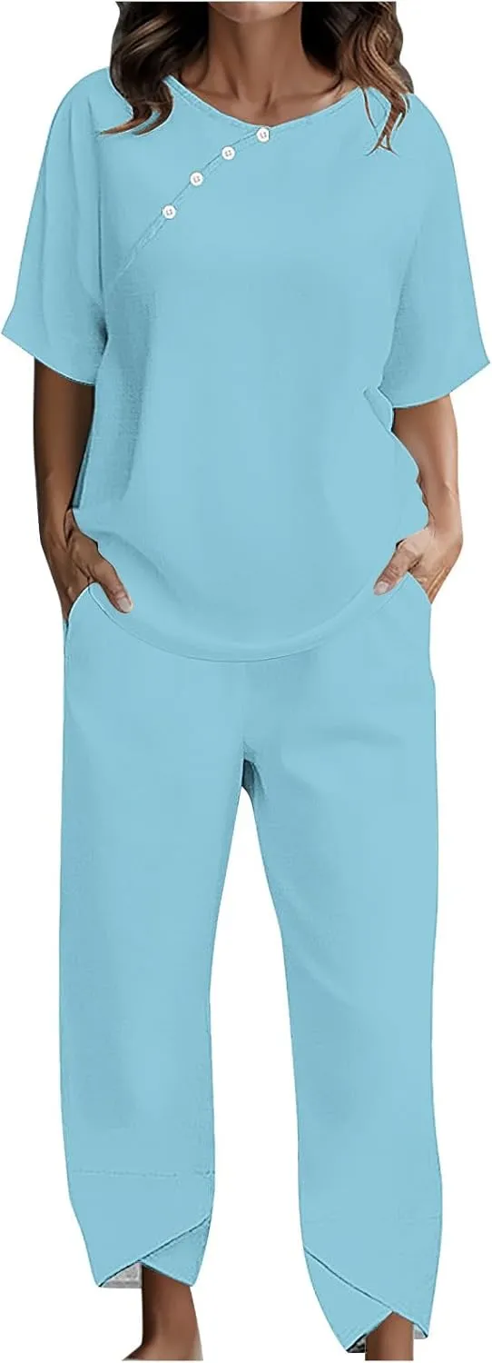 Womens Summer 2 Piece Outfits Cotton Linen Casual Half Sleeve Tops and Long Pants Loose Vacation Sets with Pockets