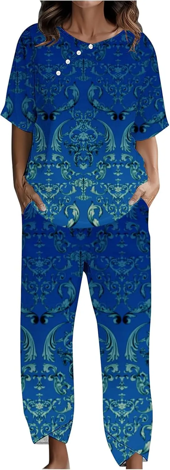 Womens Summer 2 Piece Outfits Cotton Linen Casual Half Sleeve Tops and Long Pants Loose Vacation Sets with Pockets