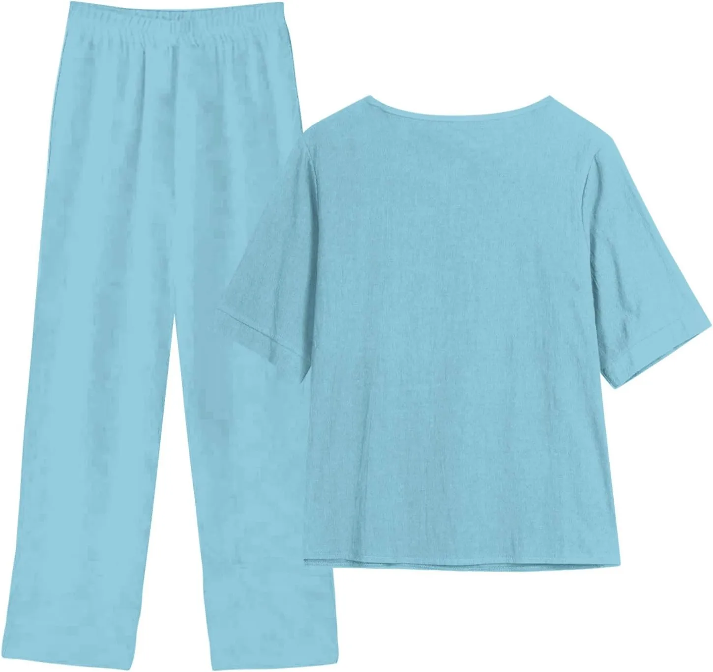 Womens Summer 2 Piece Outfits Cotton Linen Casual Half Sleeve Tops and Long Pants Loose Vacation Sets with Pockets