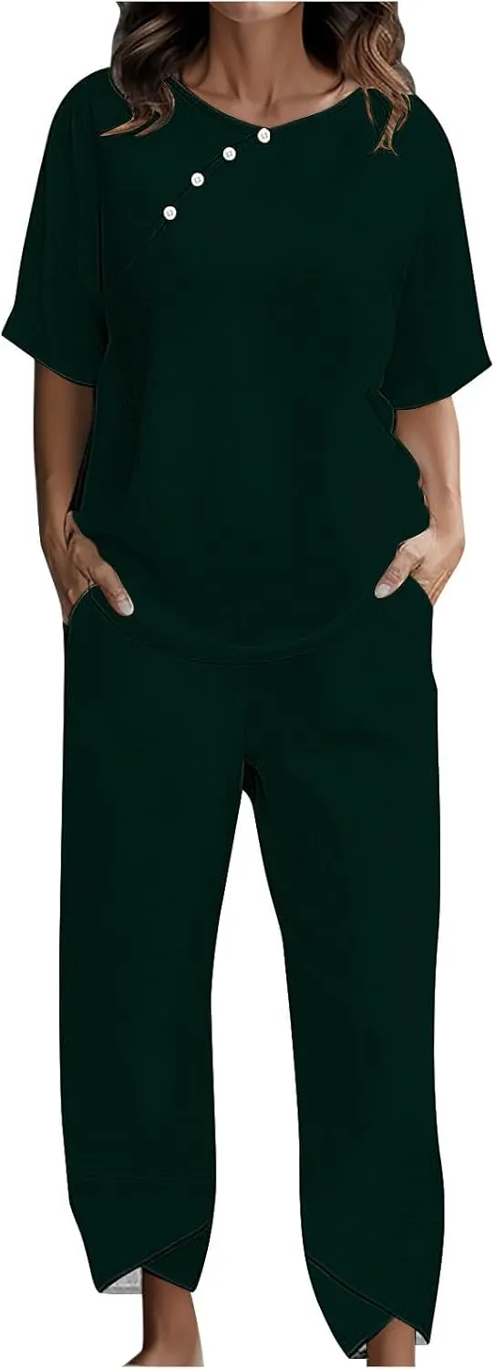 Womens Summer 2 Piece Outfits Cotton Linen Casual Half Sleeve Tops and Long Pants Loose Vacation Sets with Pockets