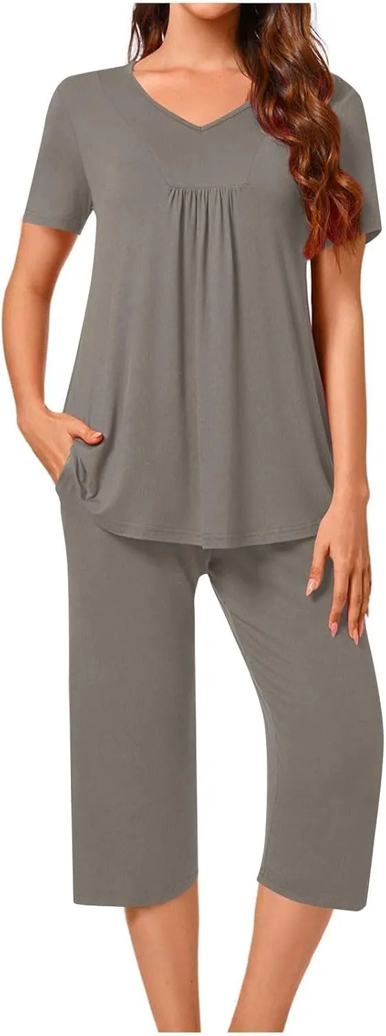 Women's Summer 2 Piece Outfits Lounge Pajama Soft Loungewear Sets Comfy Short Sleeve Sleepwear Top and Capri Pants Sets