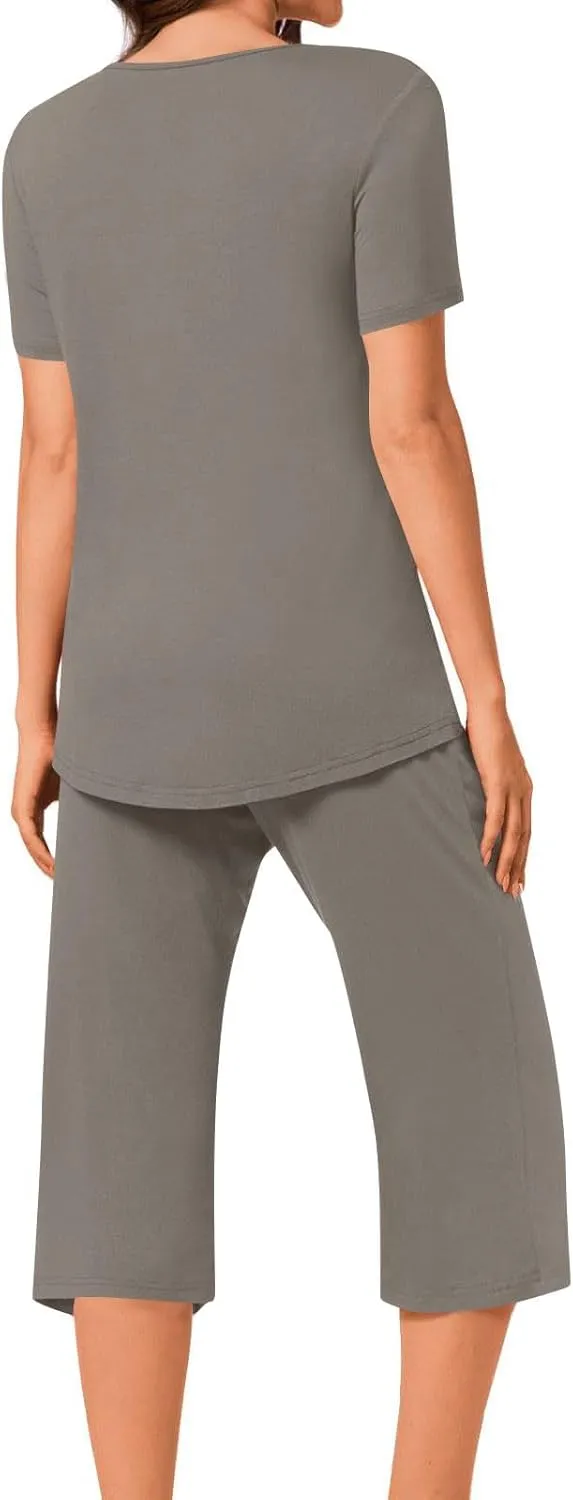 Women's Summer 2 Piece Outfits Lounge Pajama Soft Loungewear Sets Comfy Short Sleeve Sleepwear Top and Capri Pants Sets