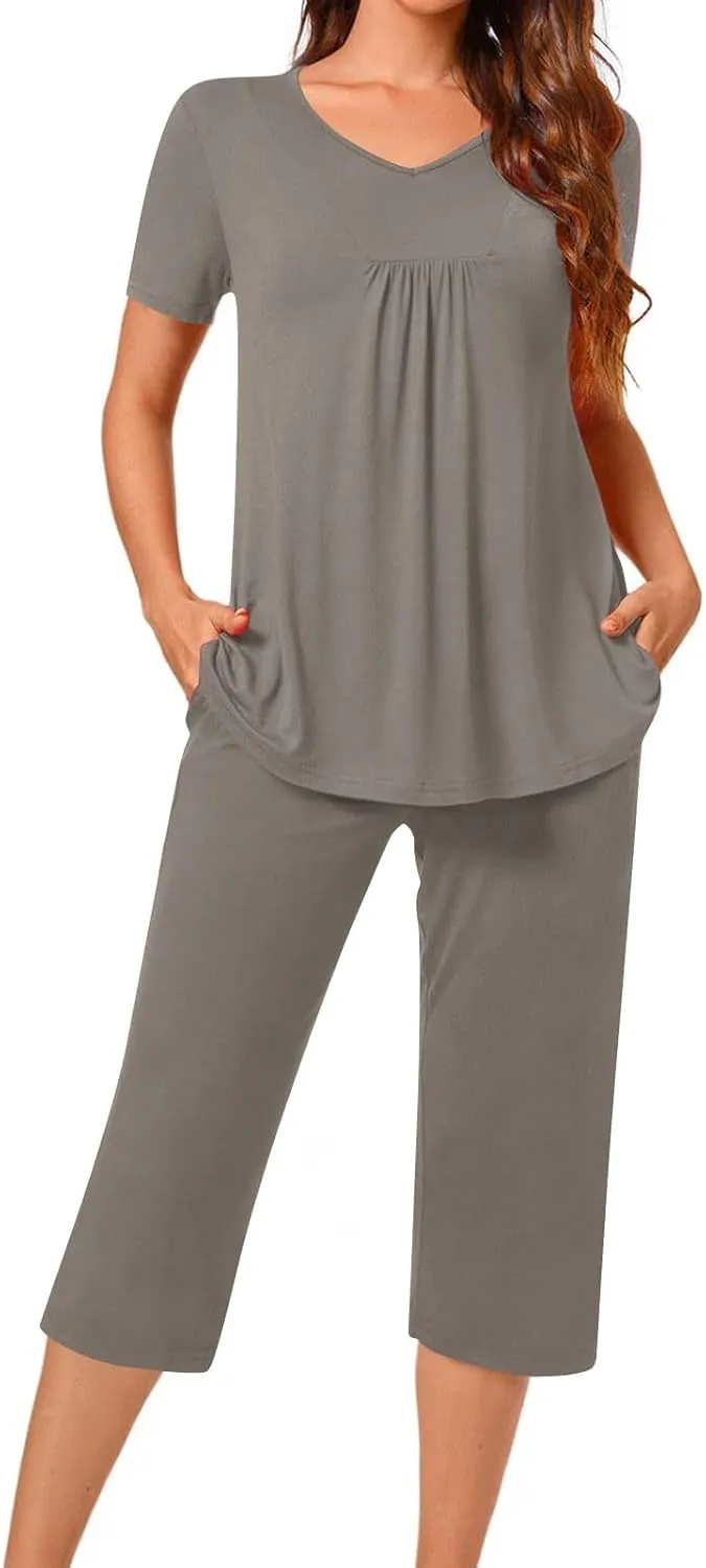 Women's Summer 2 Piece Outfits Lounge Pajama Soft Loungewear Sets Comfy Short Sleeve Sleepwear Top and Capri Pants Sets