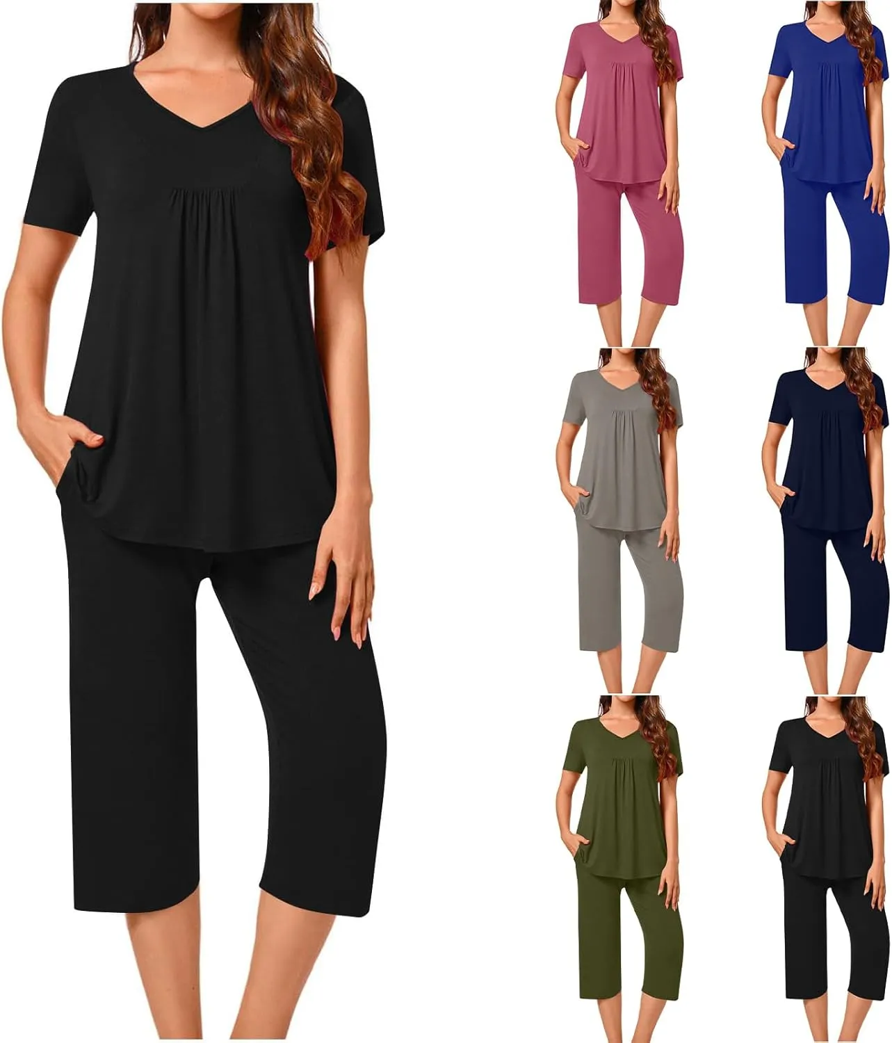 Women's Summer 2 Piece Outfits Lounge Pajama Soft Loungewear Sets Comfy Short Sleeve Sleepwear Top and Capri Pants Sets